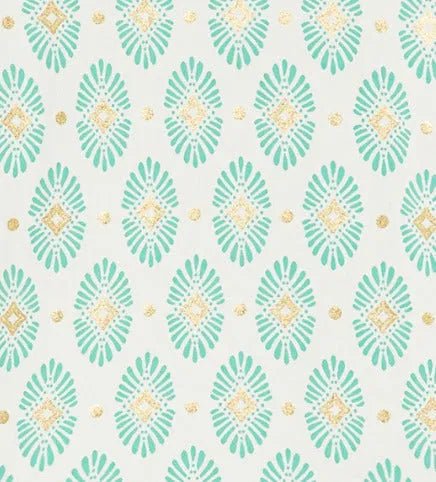 Turquoise and gold geometric pattern on white fabric, beachwear textile design