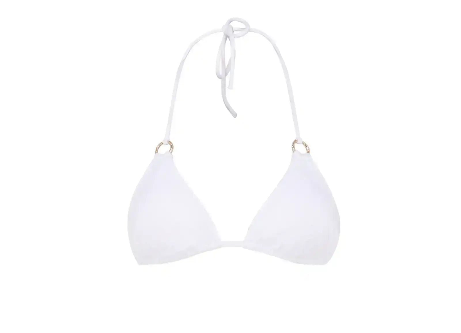 white triangle bikini top with gold ring accents and halter neck tie, swimwear