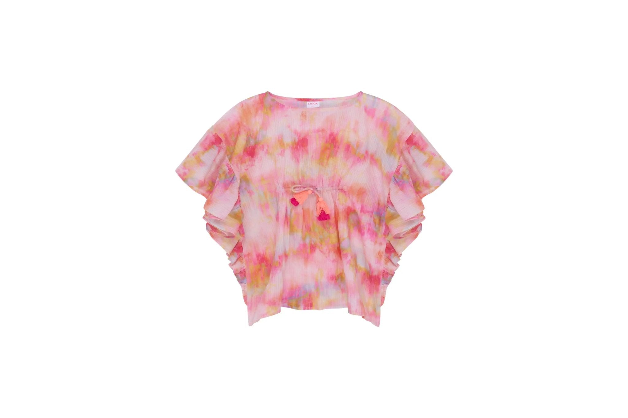Girls’ tie-dye caftan with flutter sleeves and pink tassel waist tie, beachwear cover-up