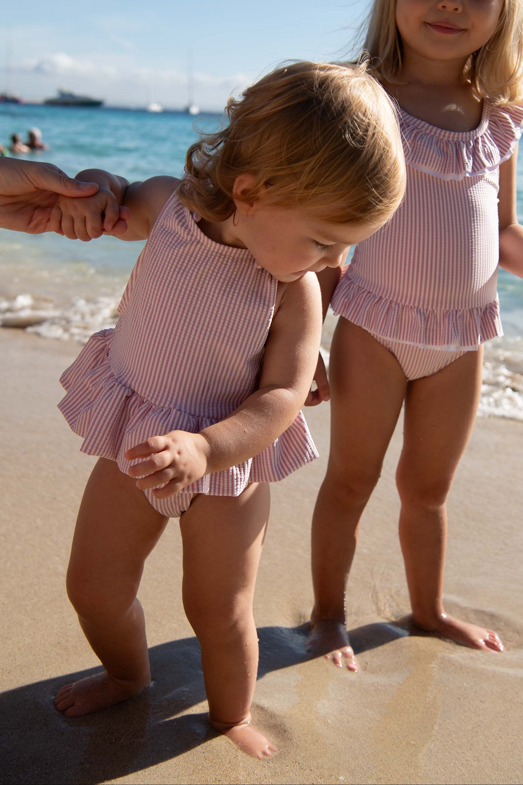 Girls' onepiece swimsuit with lilac striped ruffles | GUIMAUVE BABY