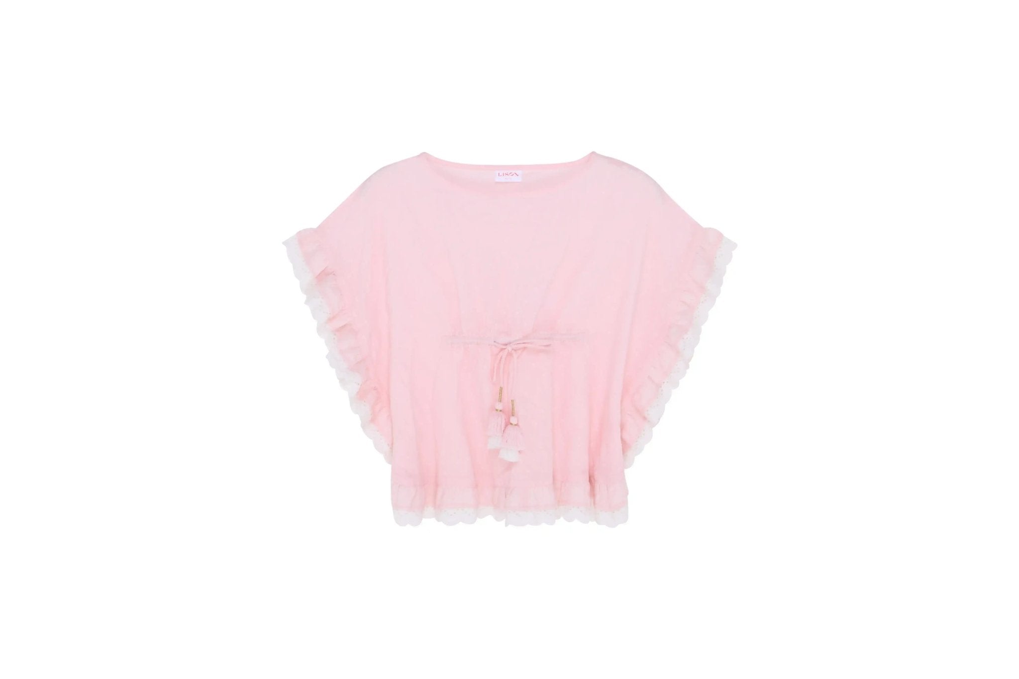 Light pink girls' beach caftan with ruffled edges and drawstring tassel waist, summer wear