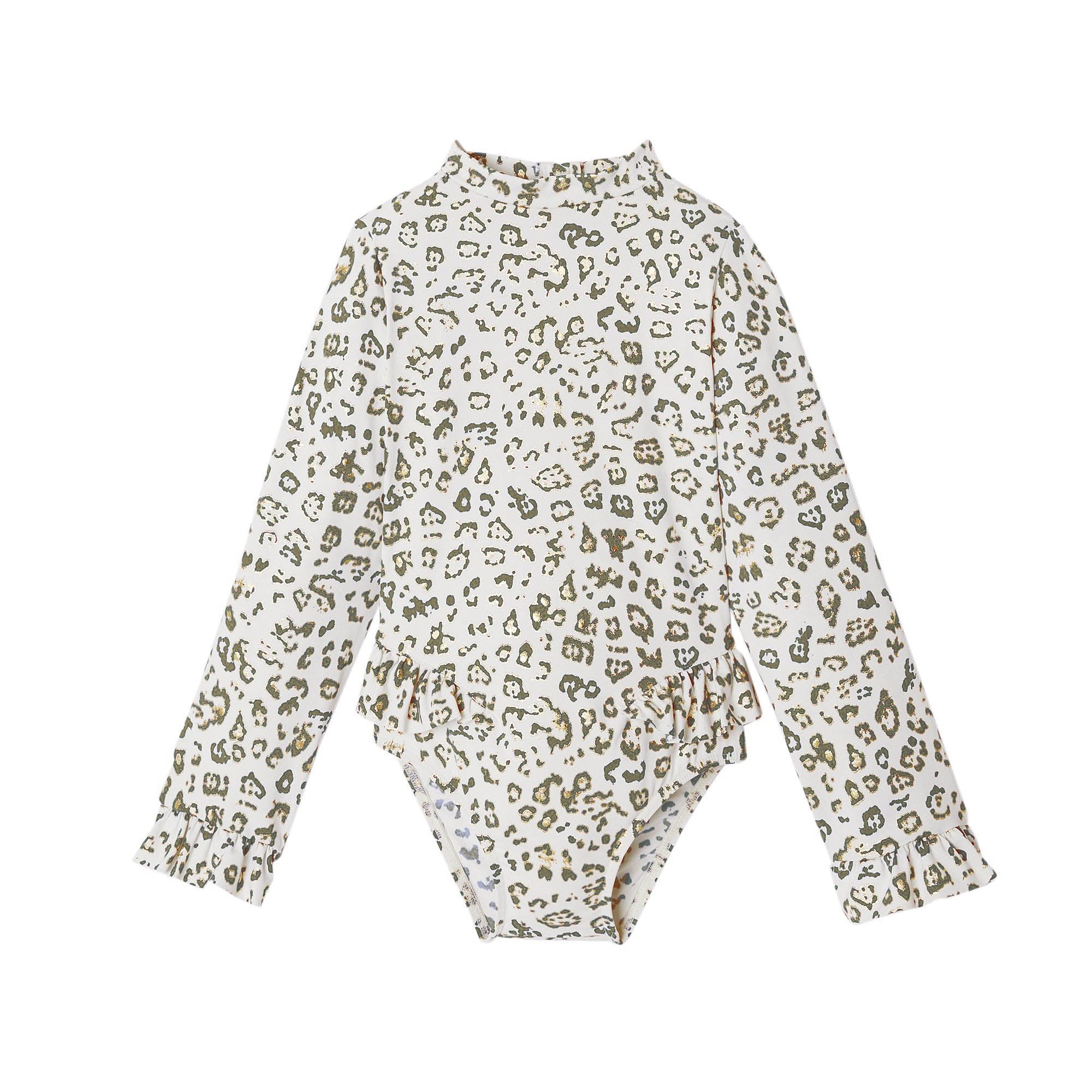 Long-sleeve swimsuit for baby girls, khaki leopard print | SAVANNA BABY