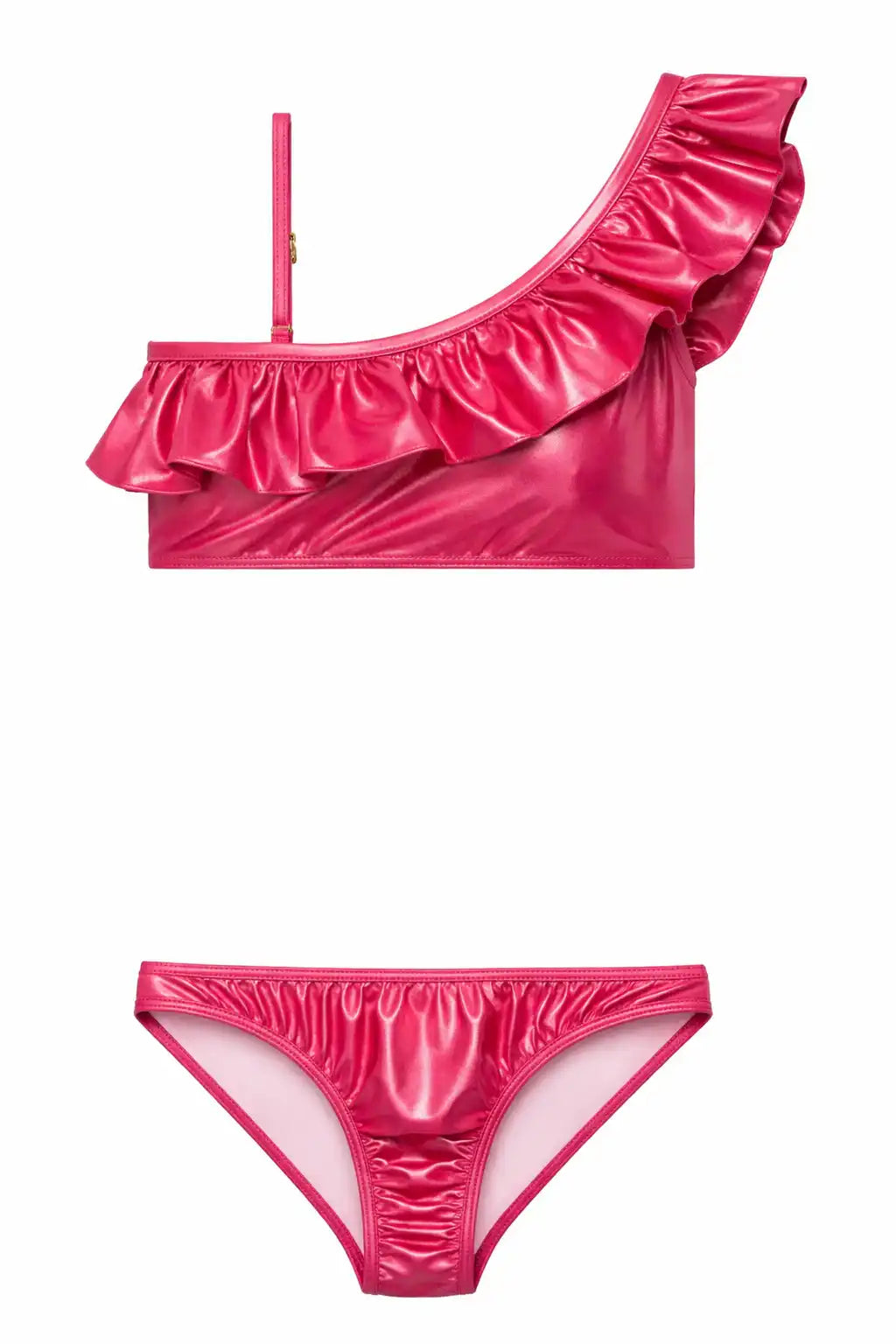 Girls' iridescent pink bikini set with ruffled one-shoulder top and matching bottoms