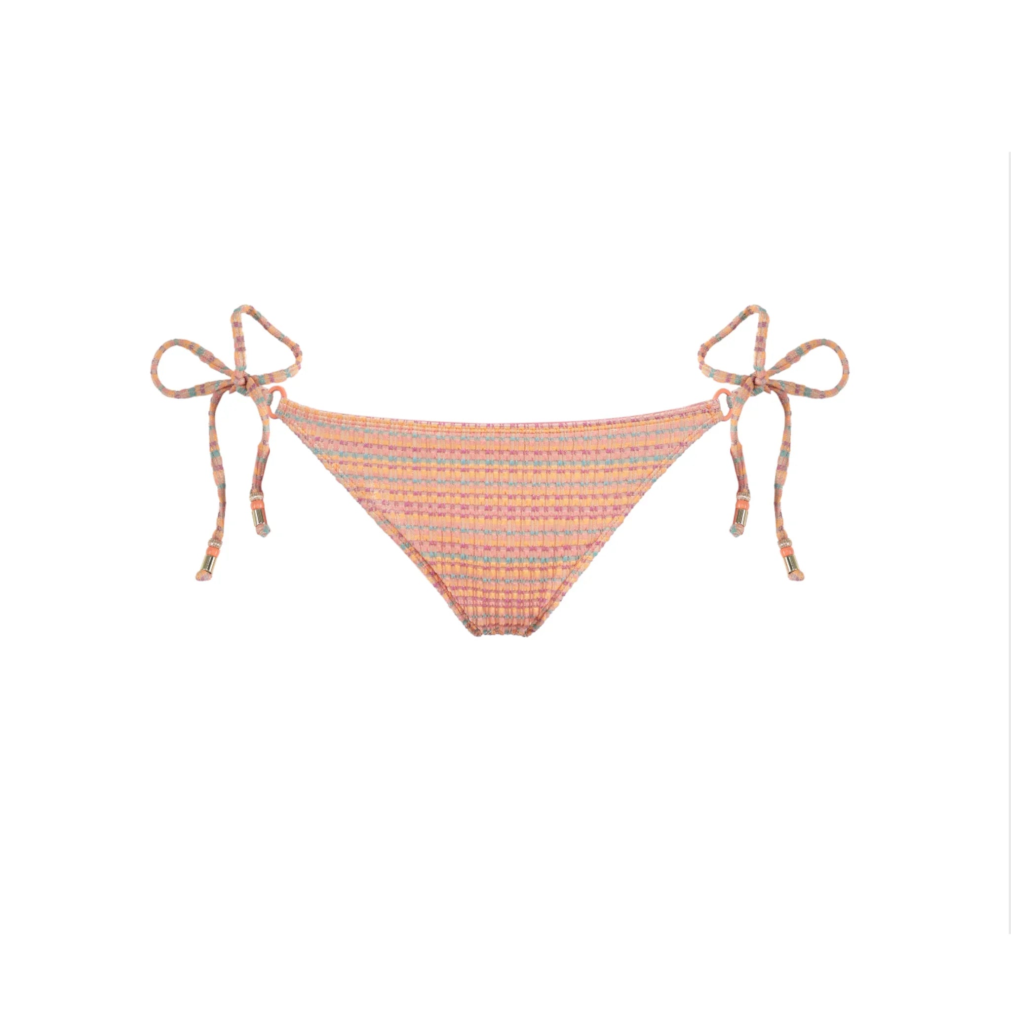 Coral and multicolor striped women's bikini bottom with side tie straps and metallic tips