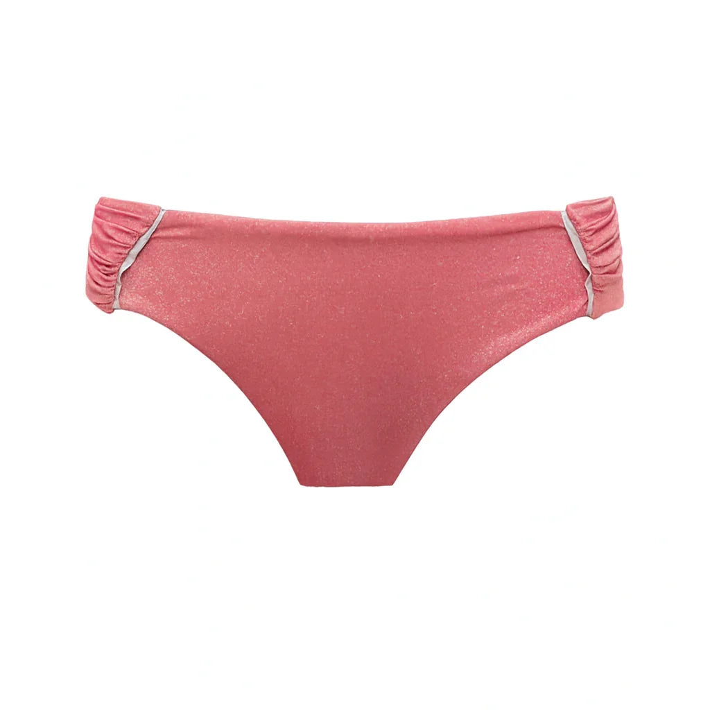Pink women's bikini bottom with ruched sides and subtle shimmer on white background