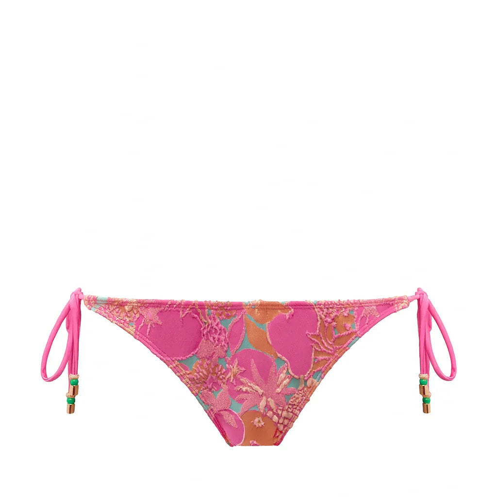 Pink floral embroidered women's bikini bottom with side tie straps and beads
