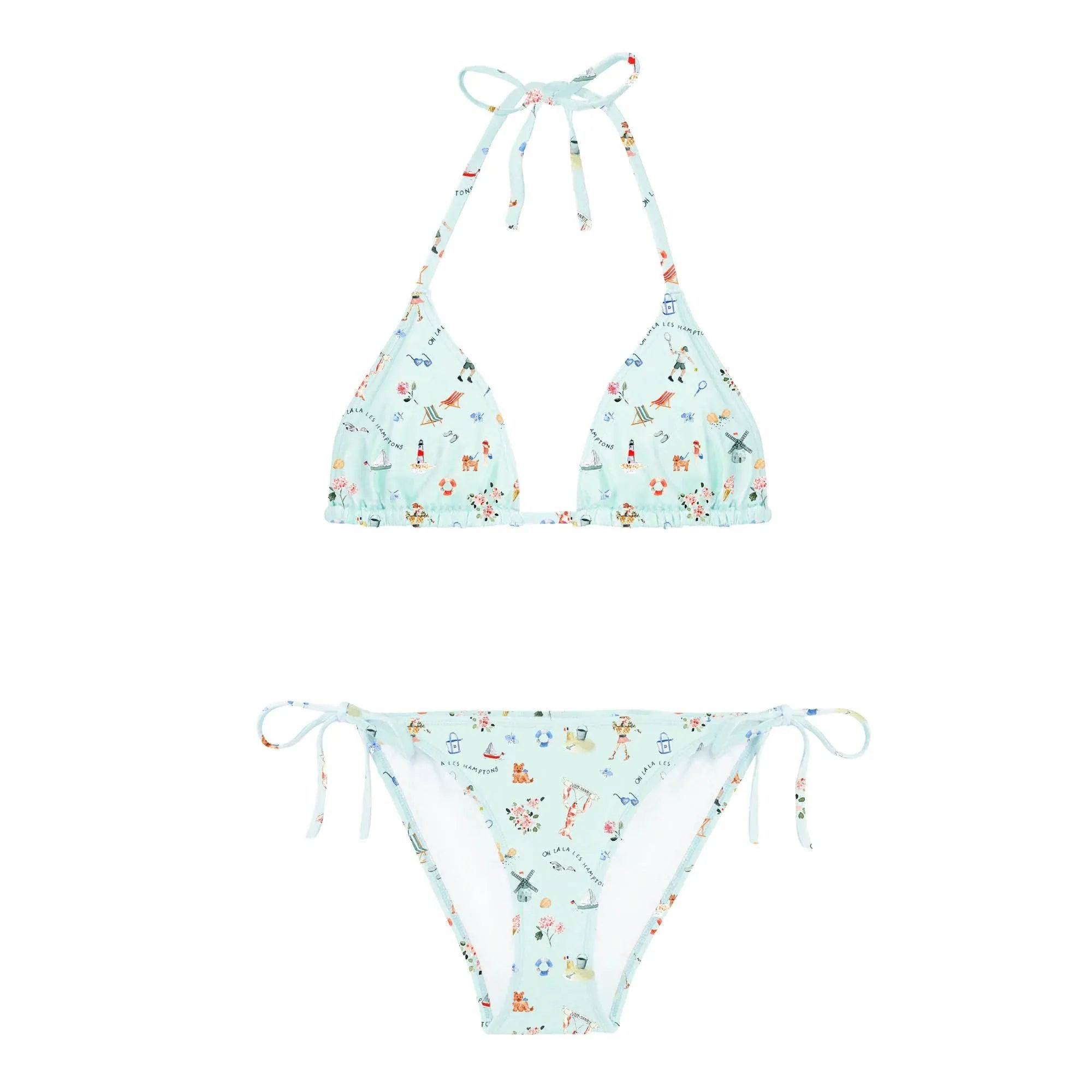 Light blue triangle bikini with beach-themed illustrations and tie straps