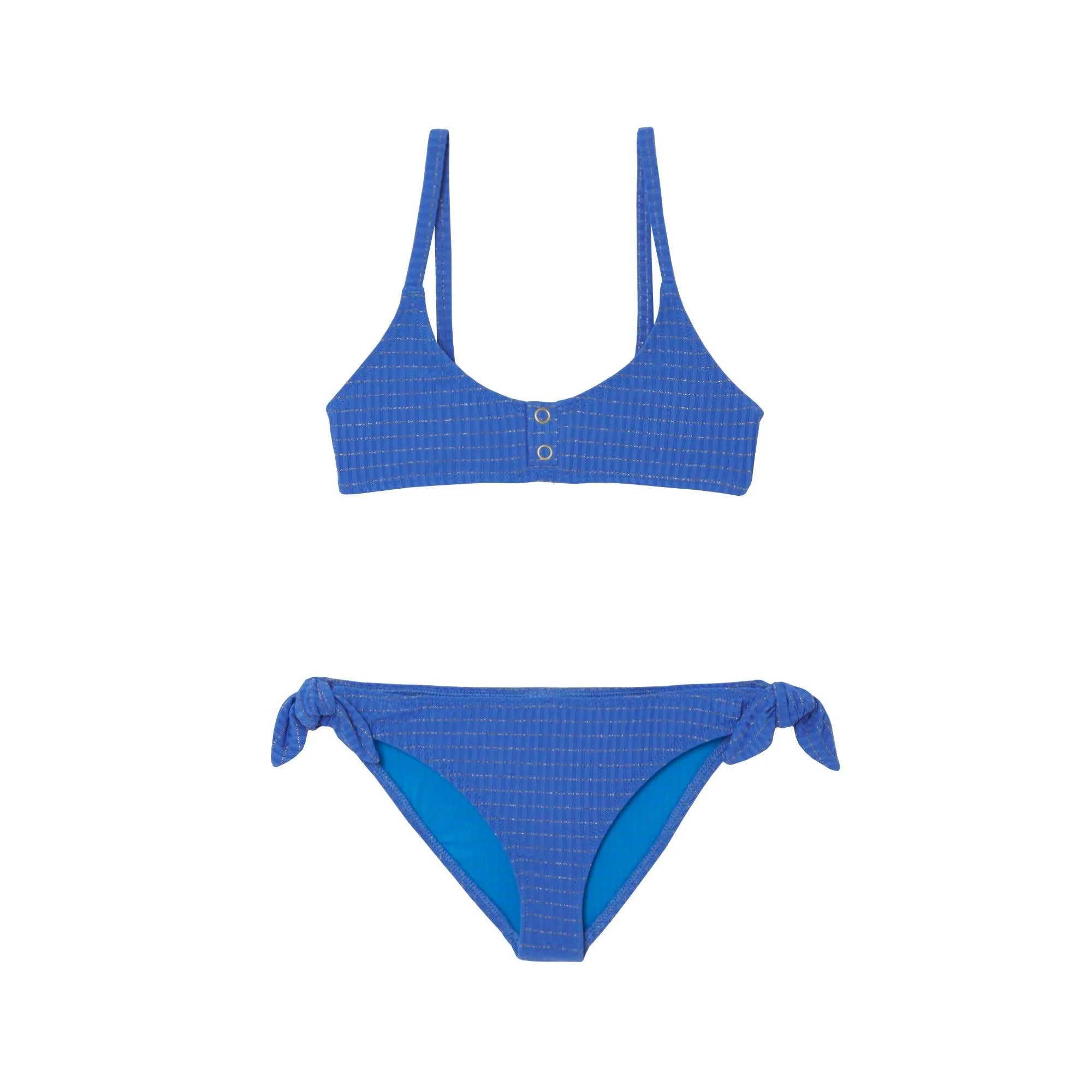 Blue girls' bikini set with gold stripes, buttoned top and side-tie bottoms