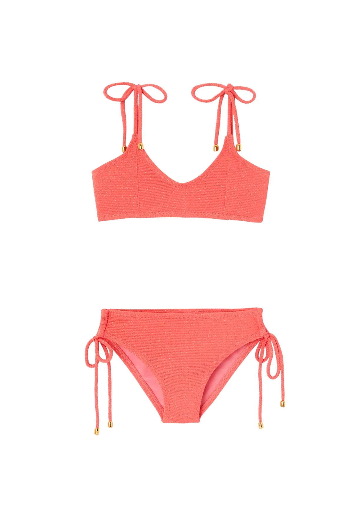 Bikini fille, piqué corail/ or | BAHAMAS 2P - Lison Paris