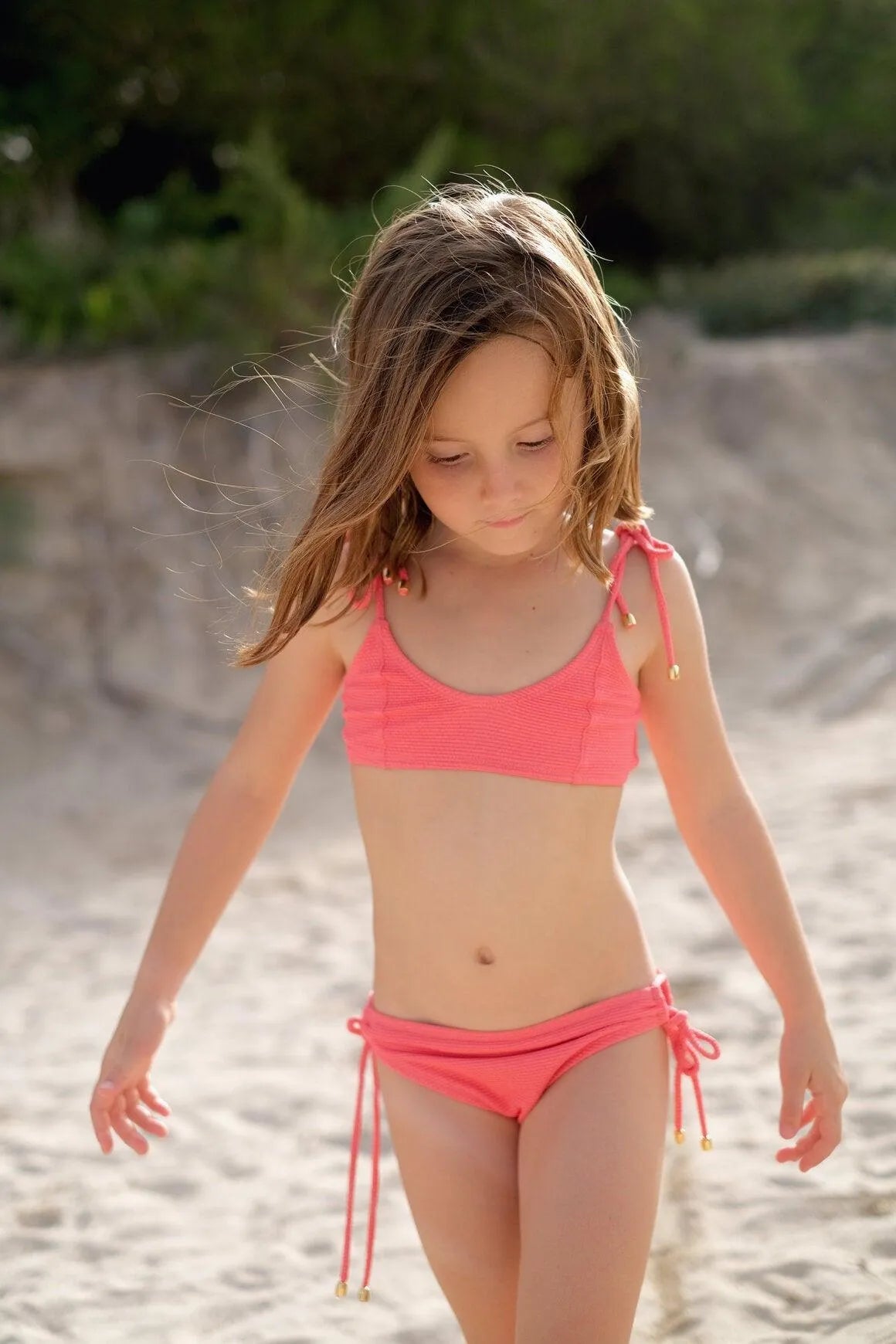Bikini fille, piqué corail/ or | BAHAMAS 2P - Lison Paris