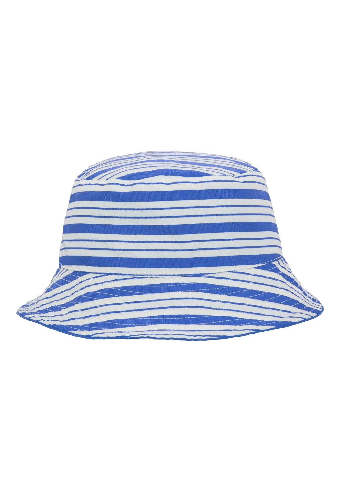 Blue and white striped bucket hat with wide brim isolated on white background