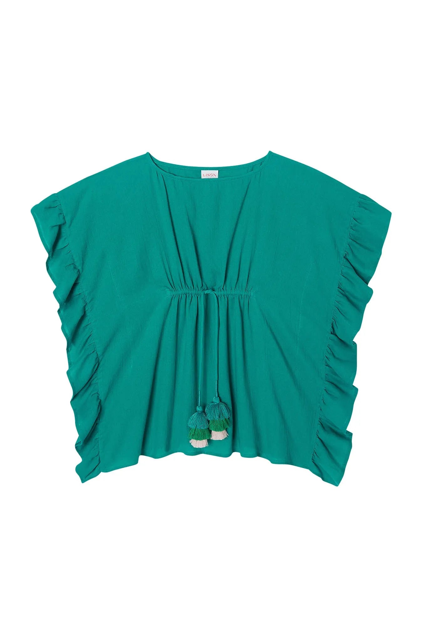 Emerald green girl's caftan with ruffled sleeves and decorative tassels