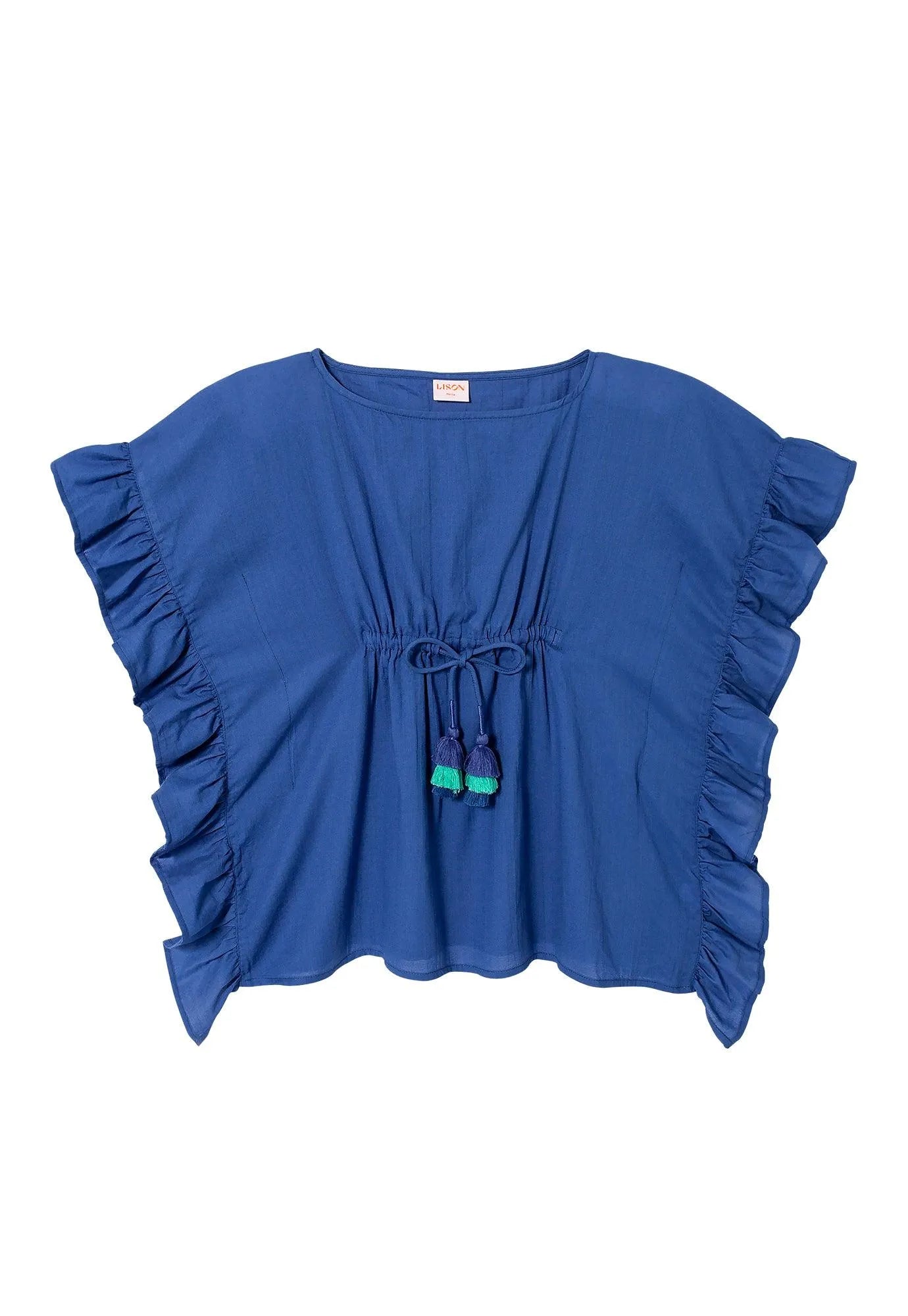 Caftan fille à pompons, bleu | LEA - Lison Paris