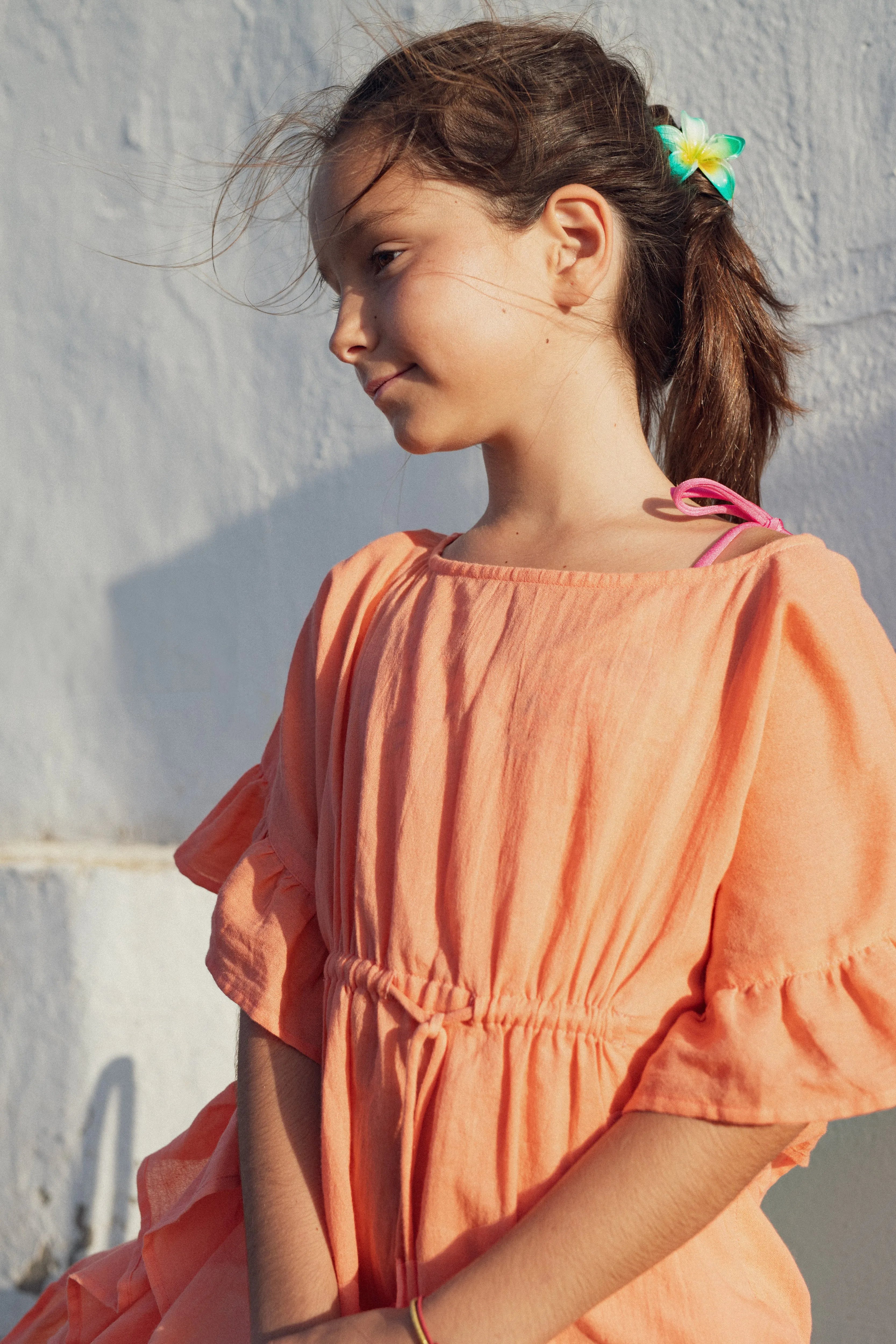 Caftan fille à pompons, corail | LEA - Lison Paris