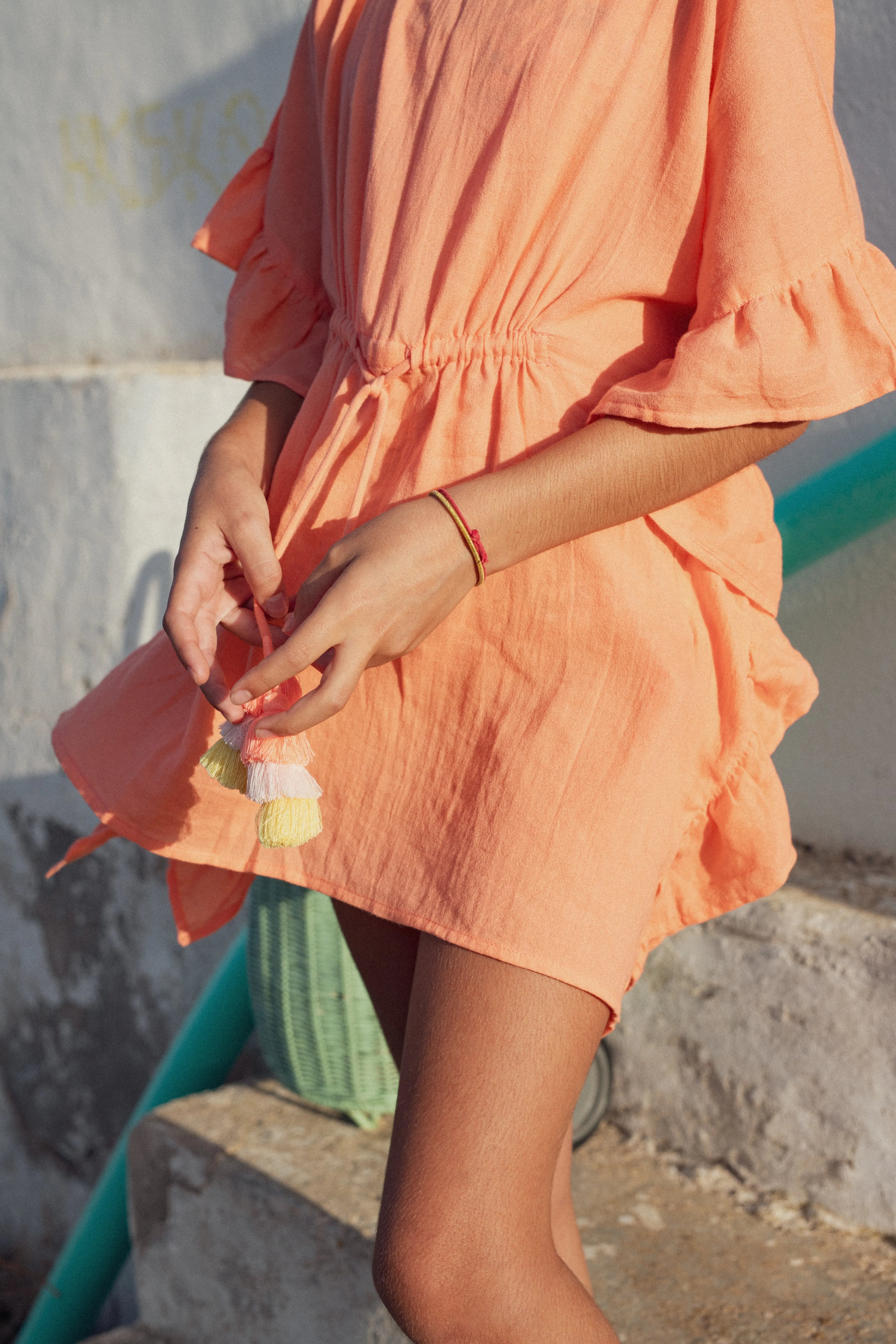 Caftan fille à pompons, corail | LEA - Lison Paris