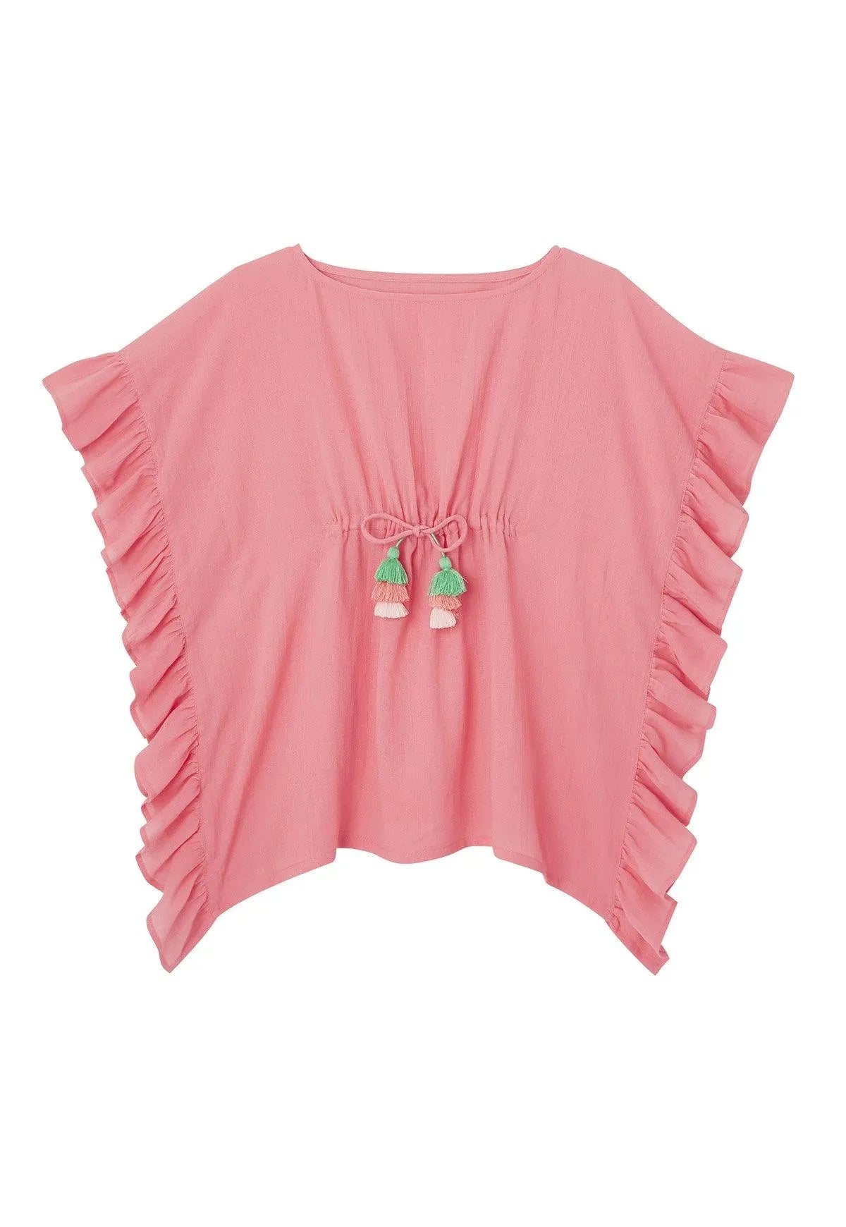 Pink girl's caftan with ruffled sleeves and green-pink tassels detail