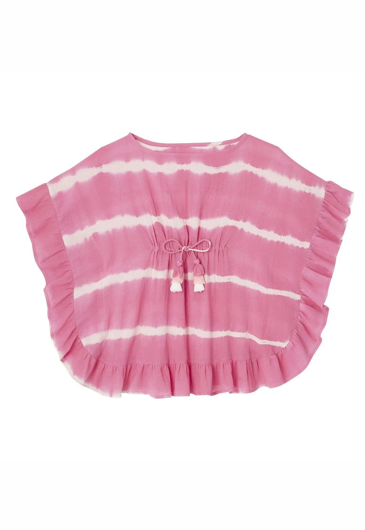 Pink tie-dye girls' caftan with white horizontal stripes, ruffled edges, and tassel drawstring