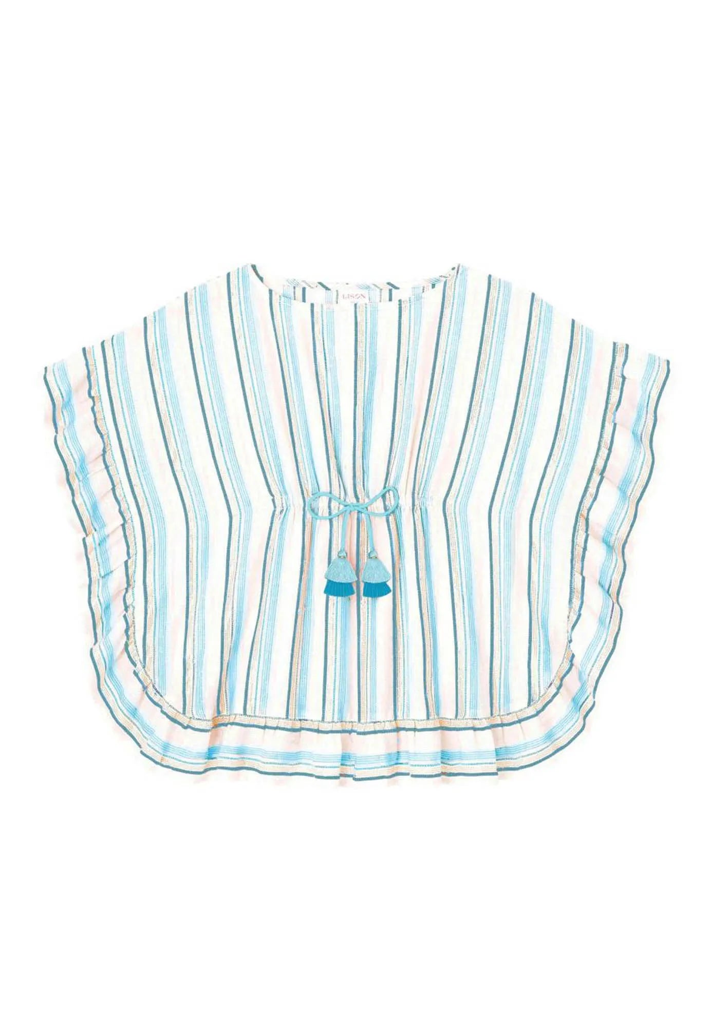 Caftan rayé lurex fille, aqua/or | BAHIA - Lison Paris