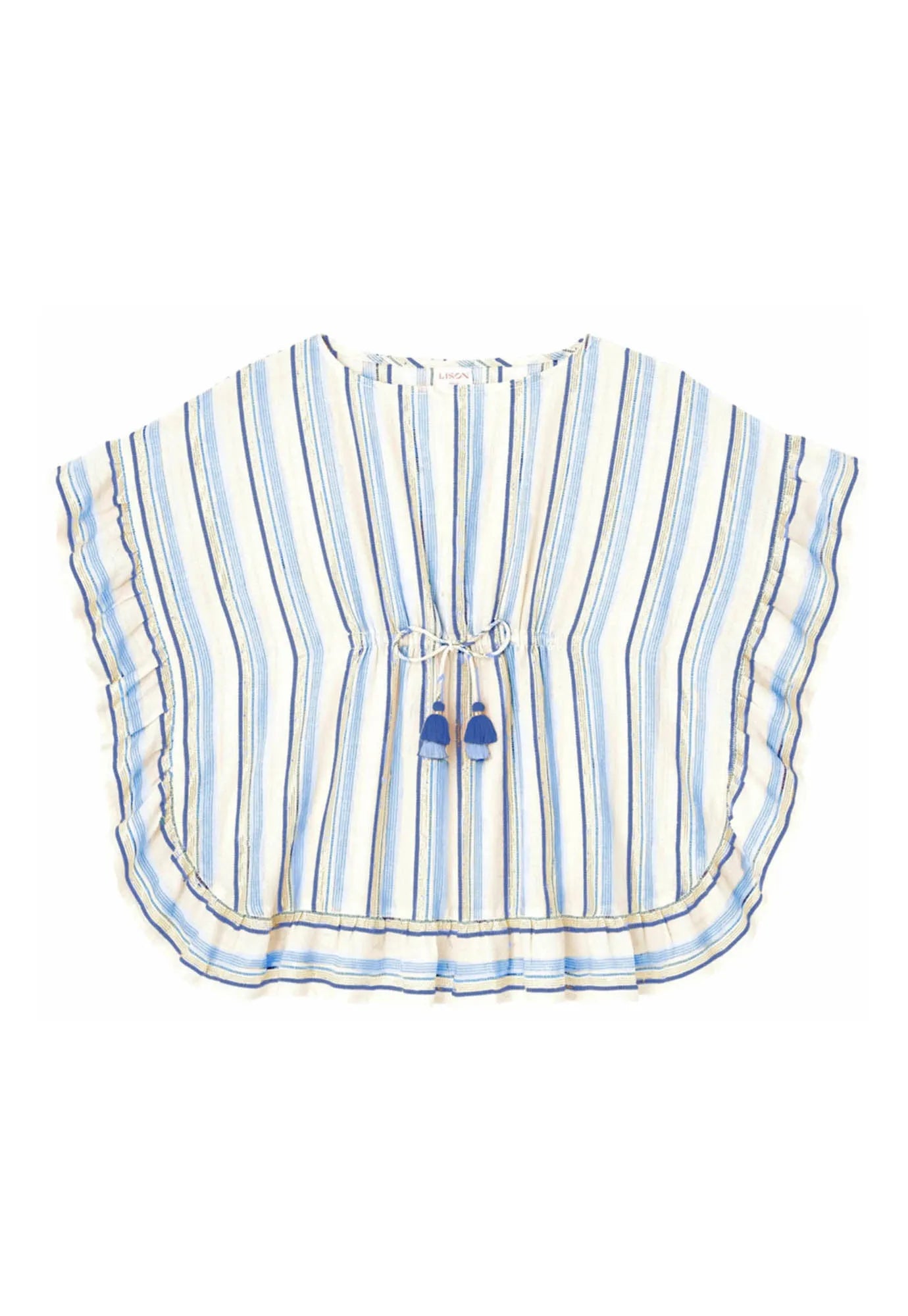 Blue and white striped girls' caftan with tassel tie and ruffled edges on white background