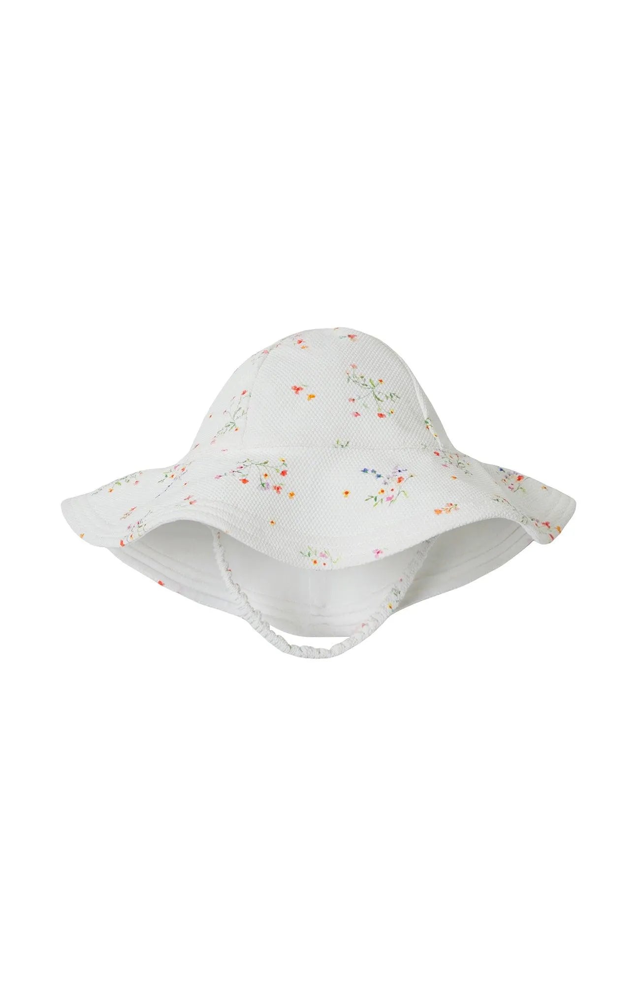 White floral baby girl sun hat with wide brim and chin strap