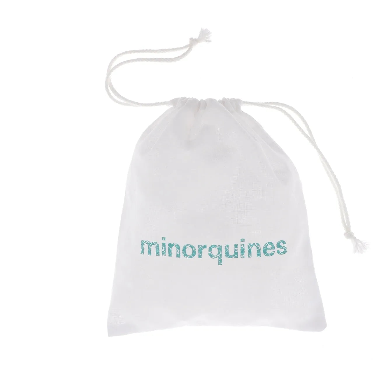 White drawstring cotton pouch bag with turquoise minorquines logo on white background