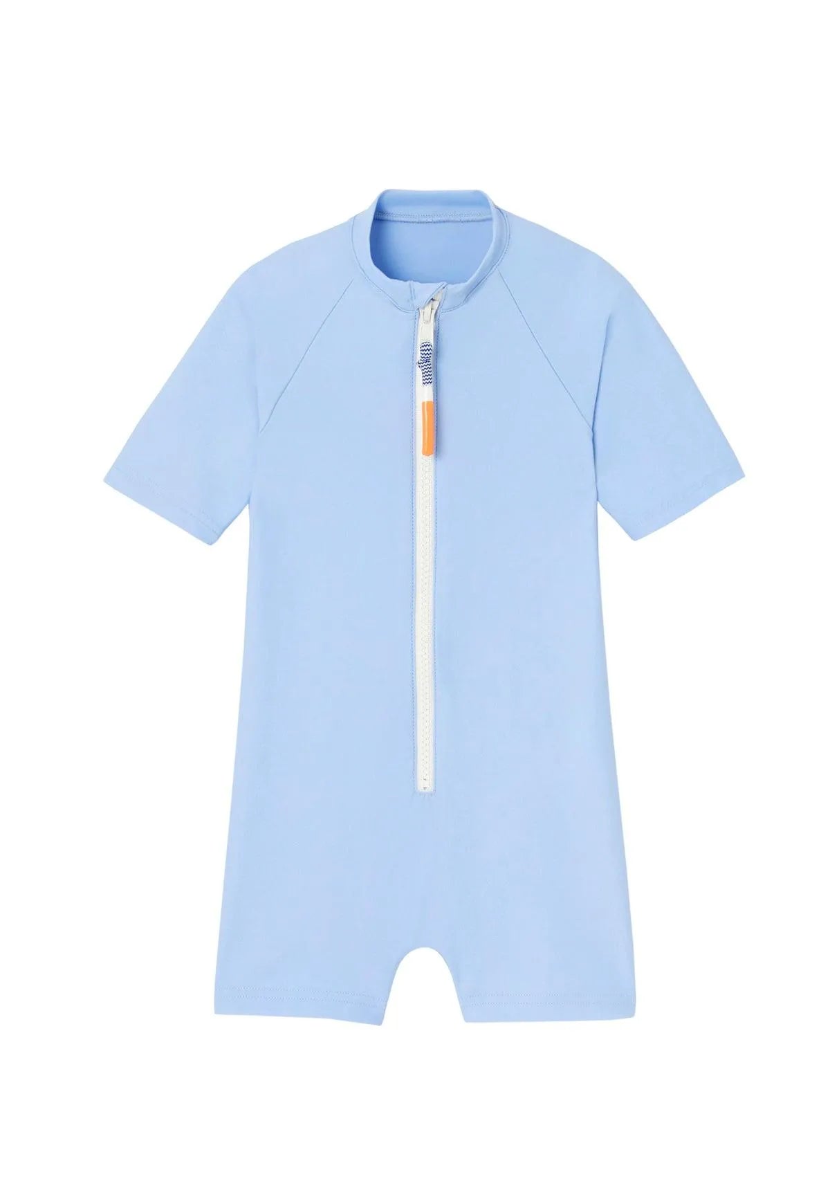 Sky blue short sleeve boys UV protection romper with front zipper