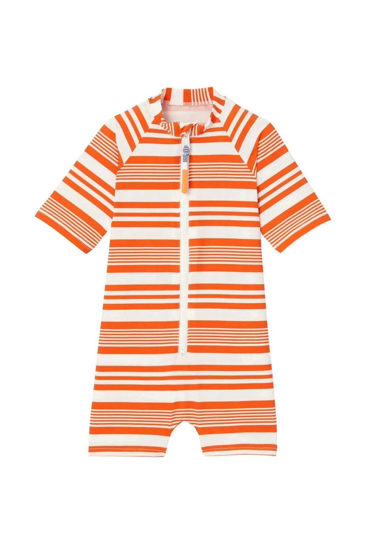 Boys short-sleeve orange and white striped UV-protection romper with front zipper