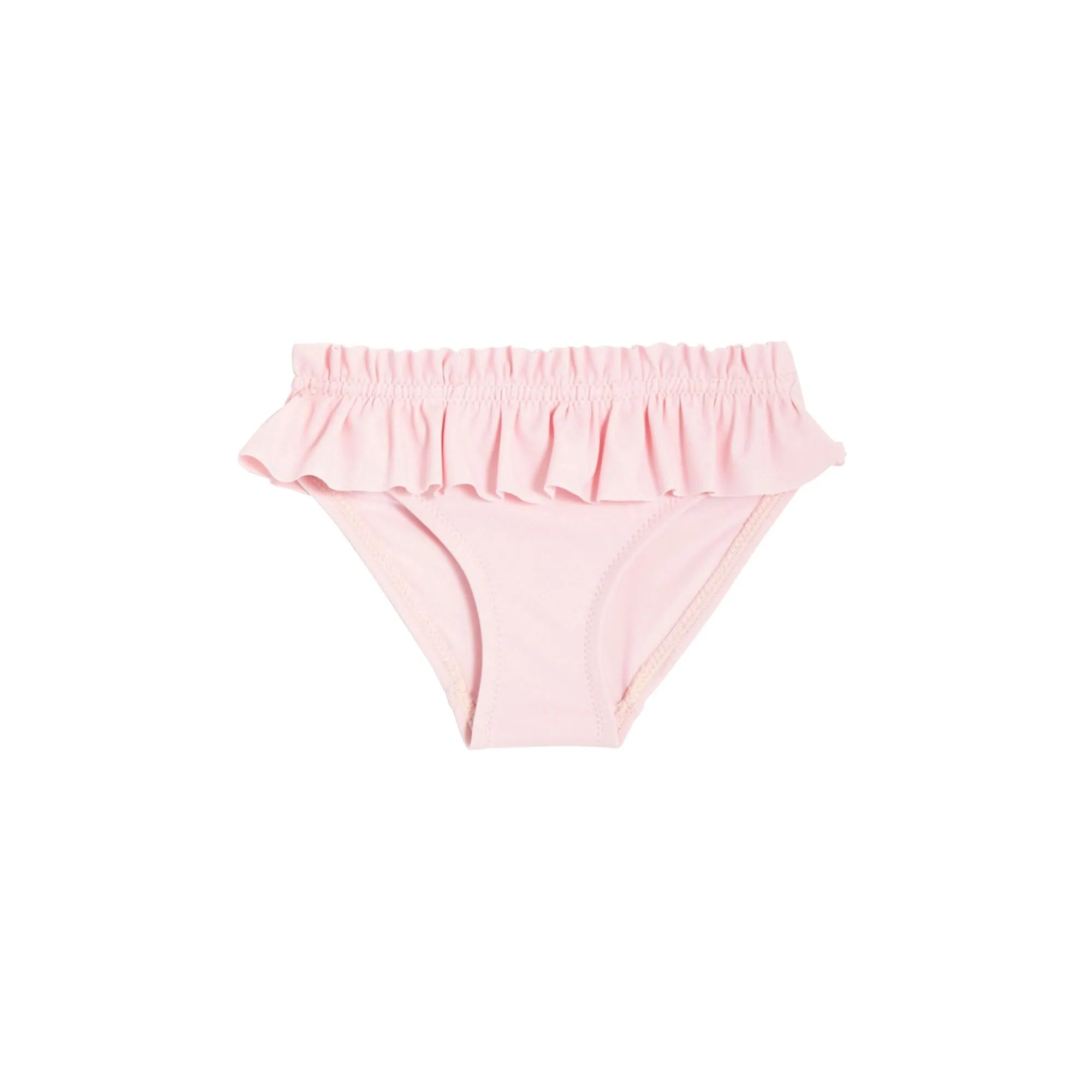 Pink baby girl swim bottom with ruffle trim on white background