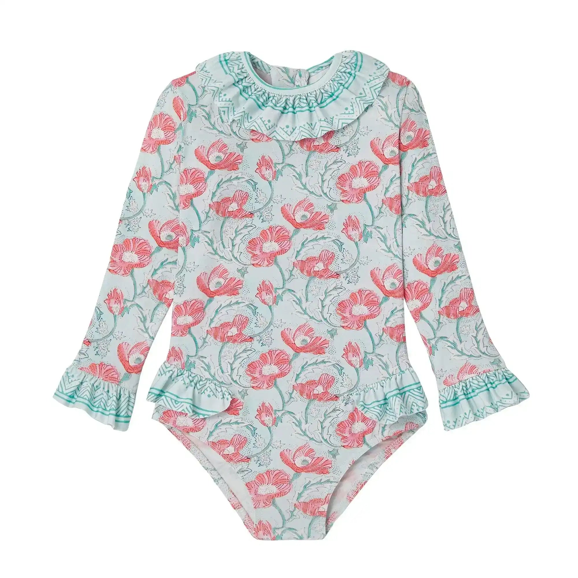 Baby girl long-sleeve floral swimsuit with ruffle collar, anti-UV, pink and aqua design