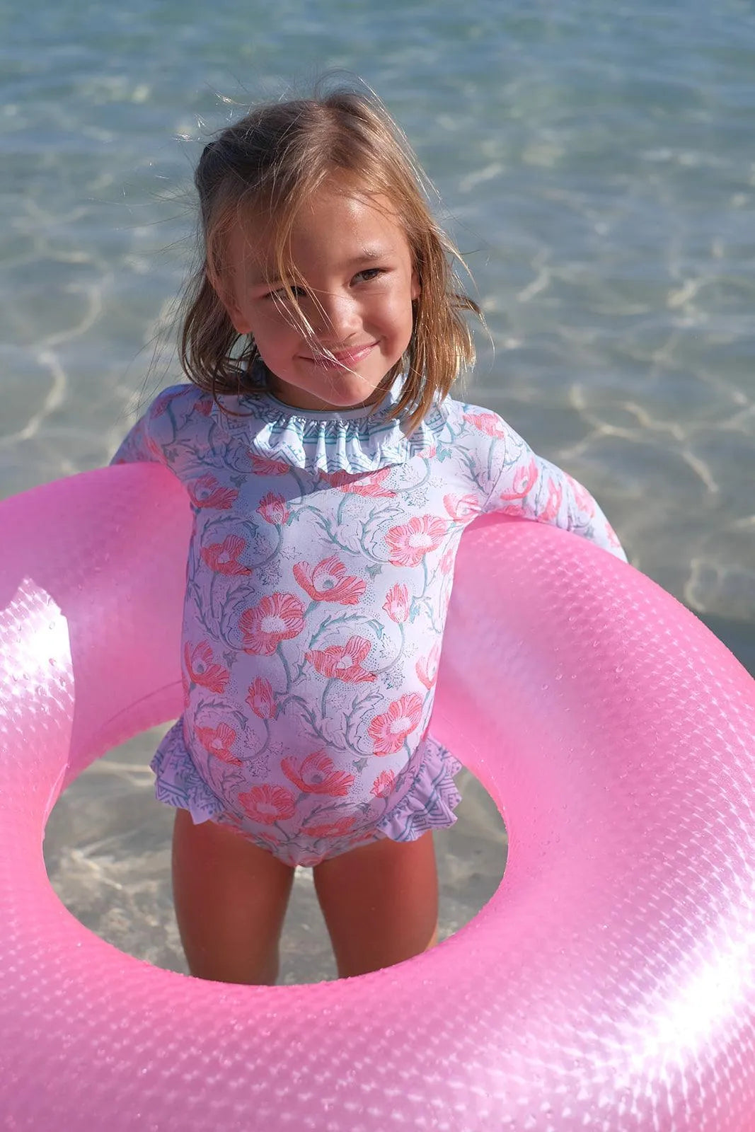Maillot bébé fille Anti-UV, manches longues aqua | INDIA BEBE - Lison Paris