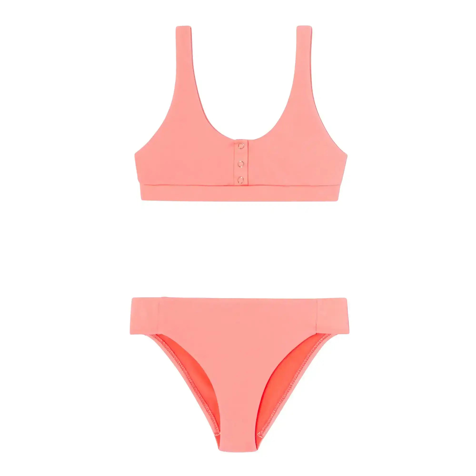 Fluorescent pink two-piece girls' UV swimwear set with sporty top and bikini bottoms