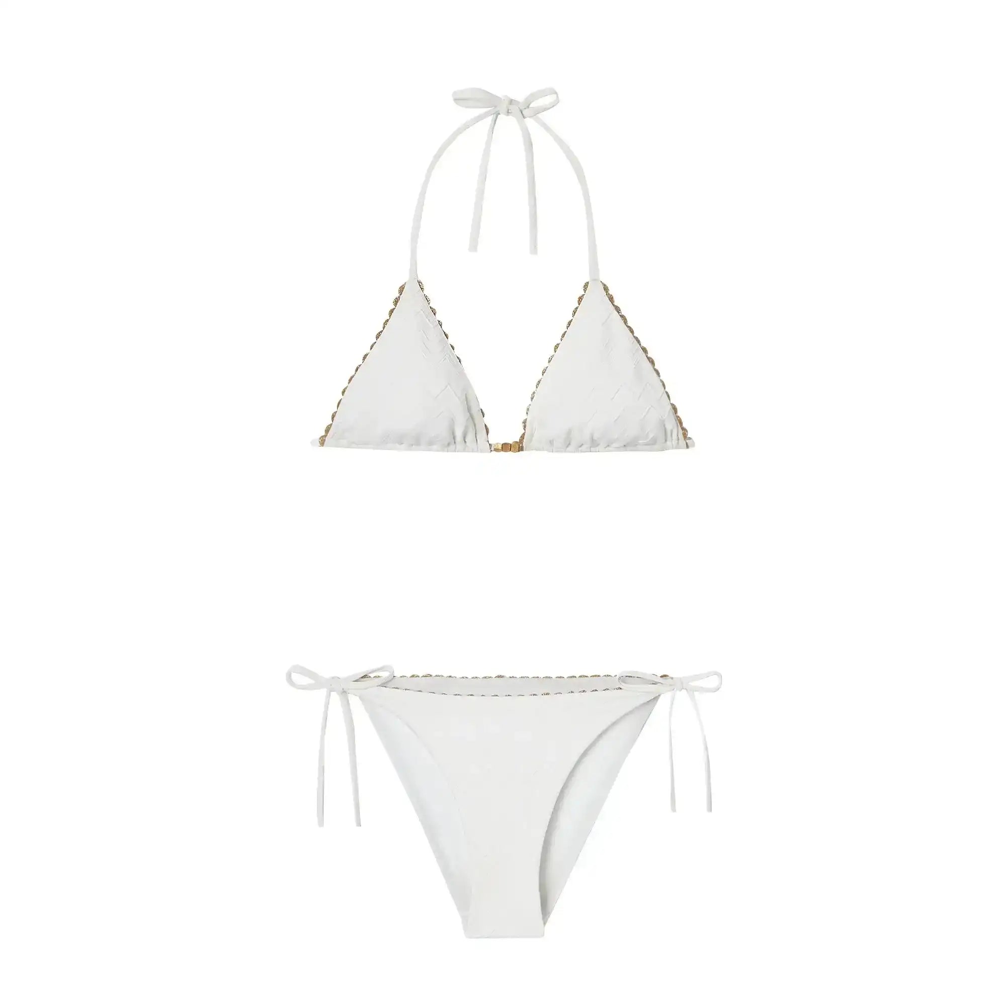 Girls' white and gold two-piece swimsuit with triangle top and side-tie bottoms