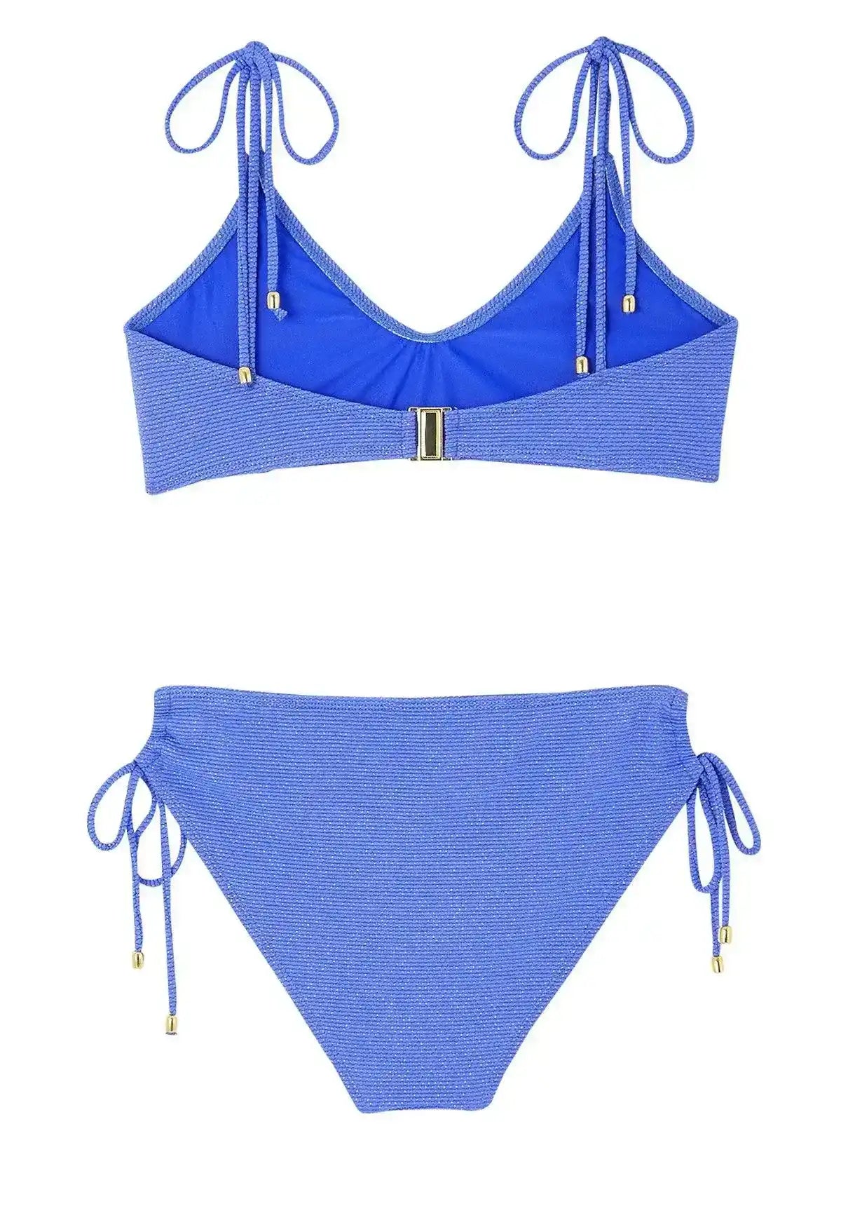 Girls' blue textured two-piece swimsuit with adjustable shoulder and side ties