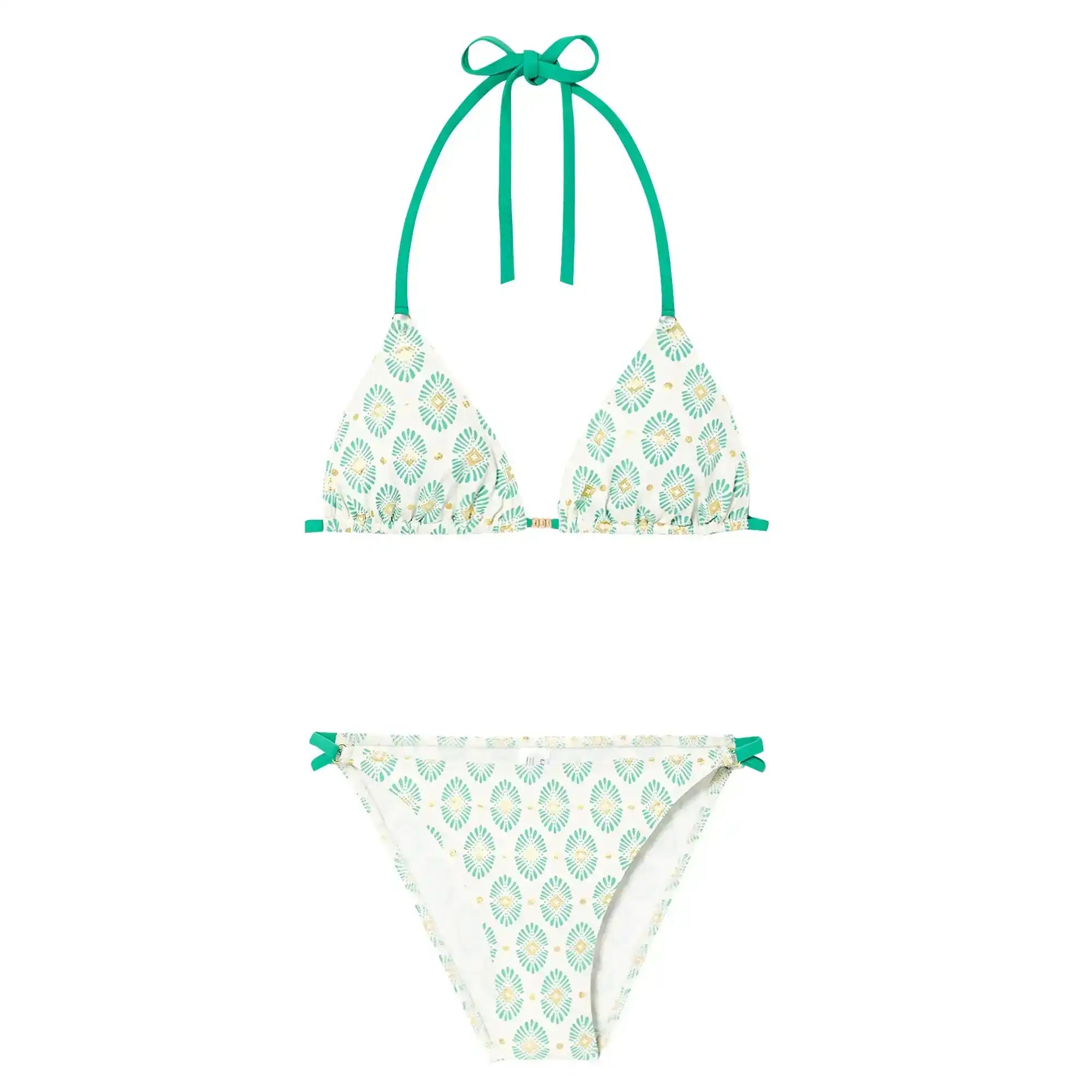 Girls' two-piece triangle bikini with green and yellow floral print and halter straps