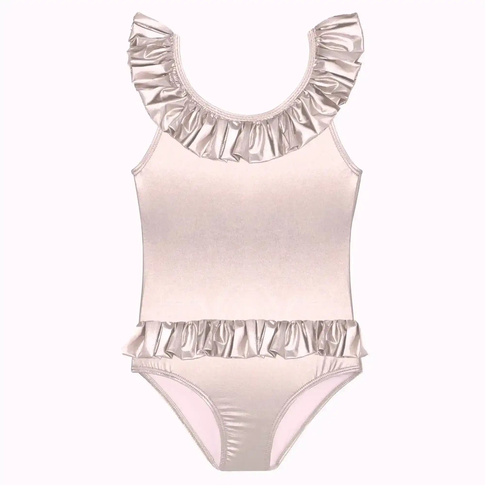 Girls' metallic pink one-piece swimsuit with ruffle details on collar and waist