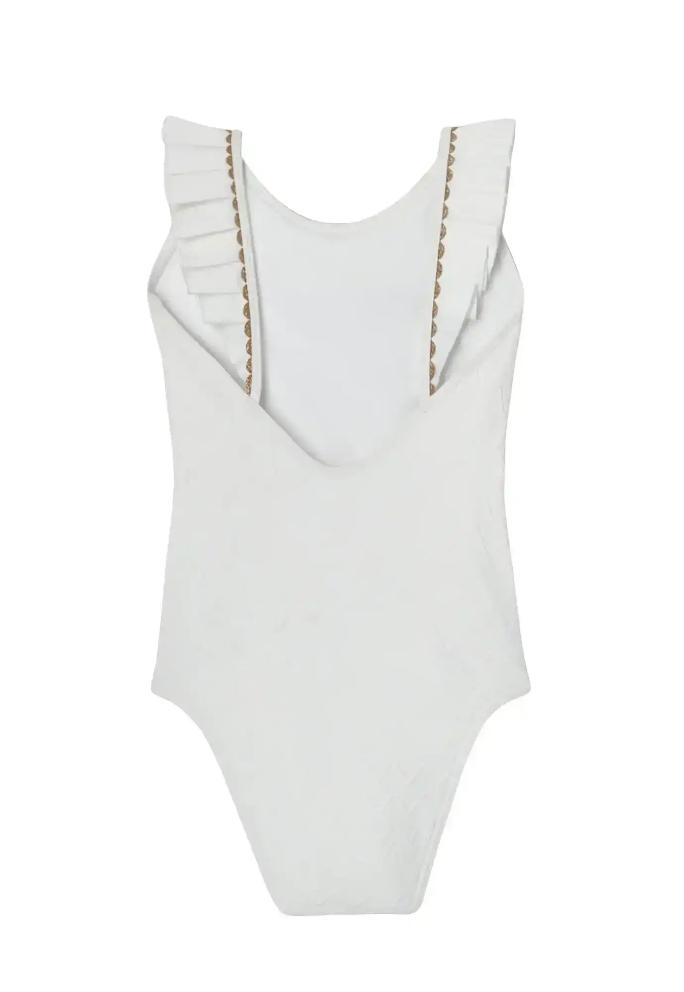 White one-piece swimsuit with ruffle straps and gold trim, girl's swimwear