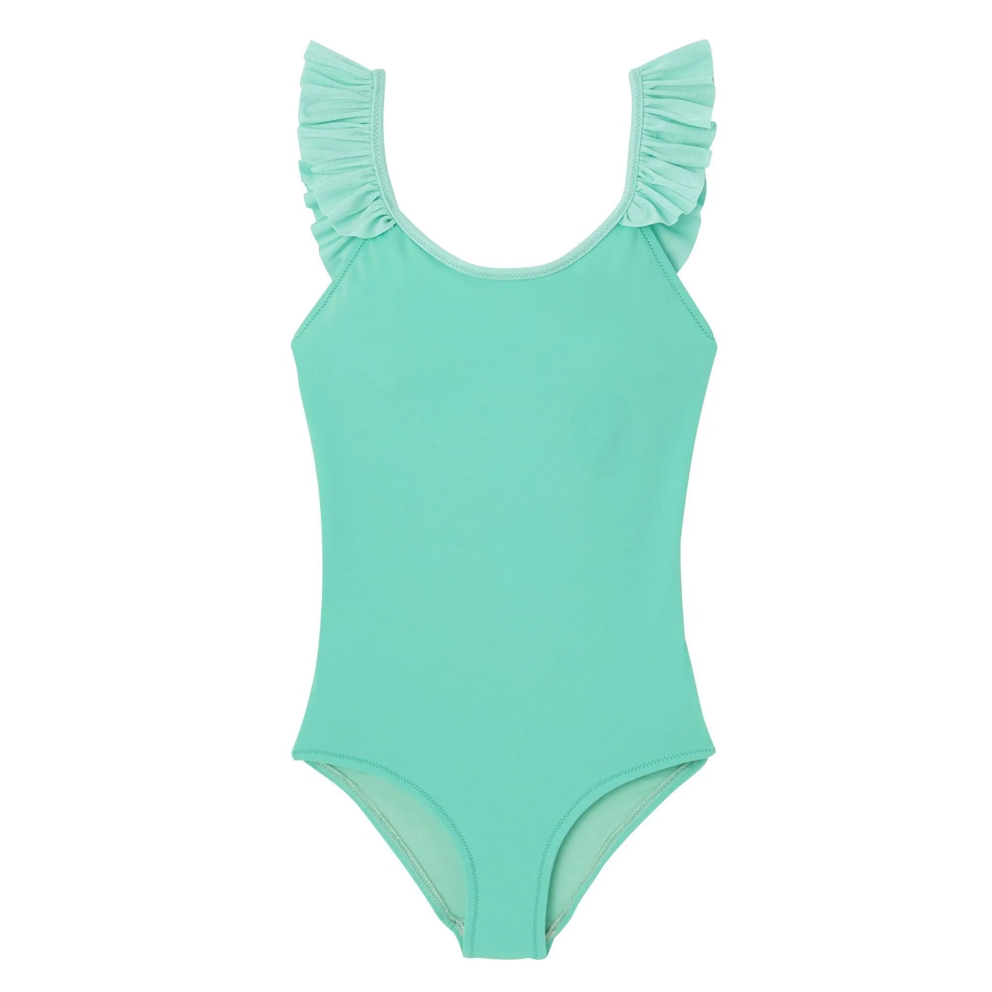 Maillot de bain une pièce fille à volants, anti UV, vert menthe| BORA BORA 1P - Lison Paris