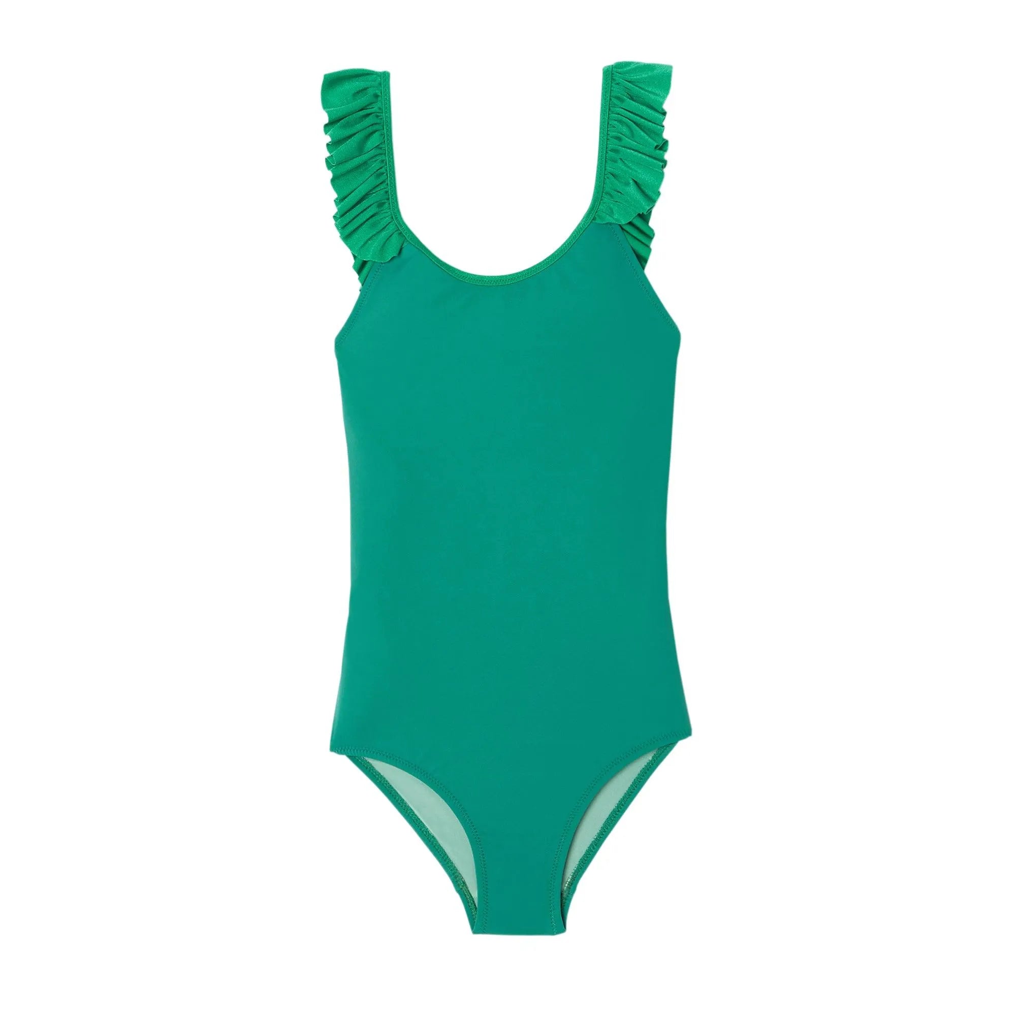 Maillot de bain une pièce fille à volants, UPF50+, vert tennis| BORA BORA 1P - Lison Paris