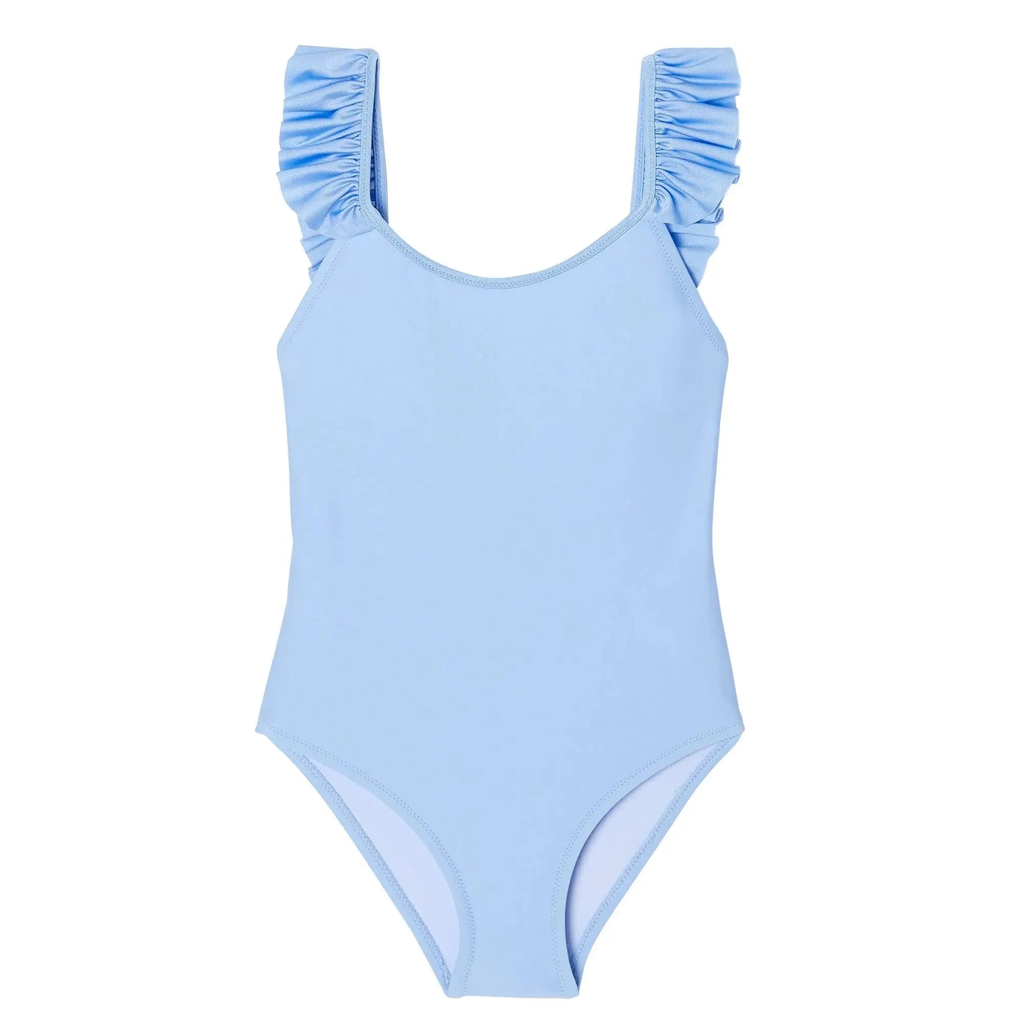 Maillot de bain une pièce fille anti UV à volants, bleu ciel | BORA BORA 1P - Lison Paris