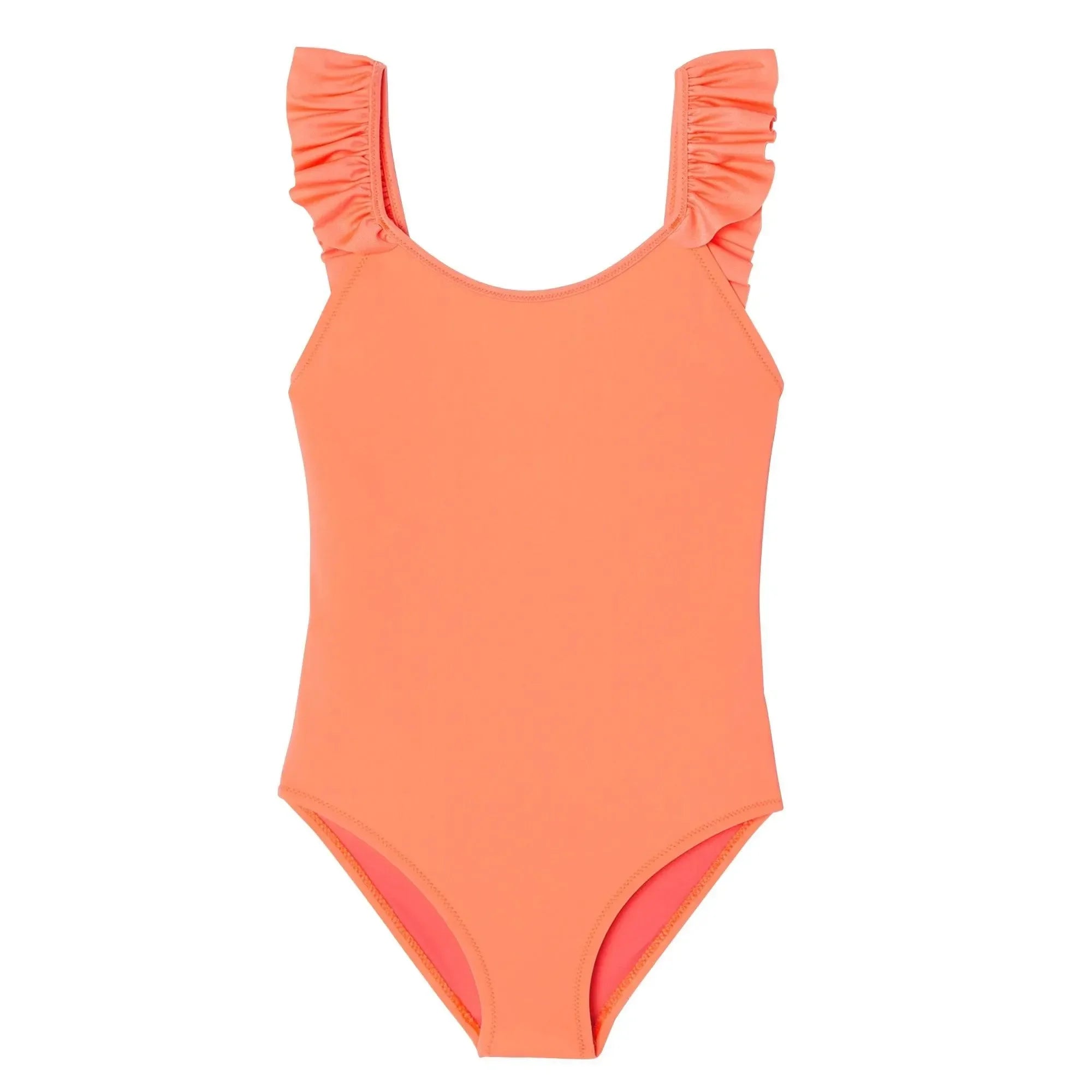 Maillot de bain une pièce fille anti UV à volants, corail fluo| BORA BORA 1P - Lison Paris