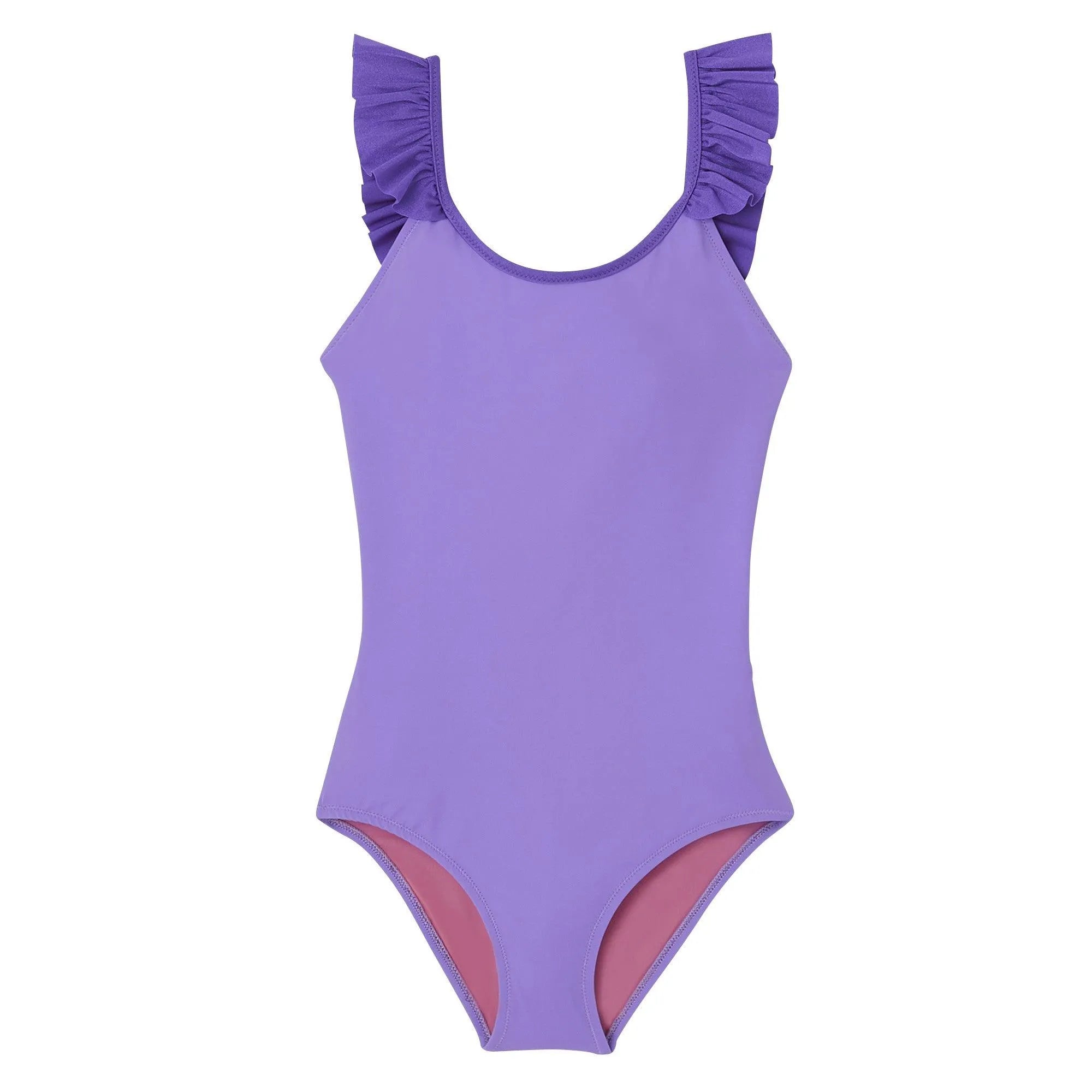 Maillot de bain une pièce fille anti UV à volants, mauve - Lison Paris