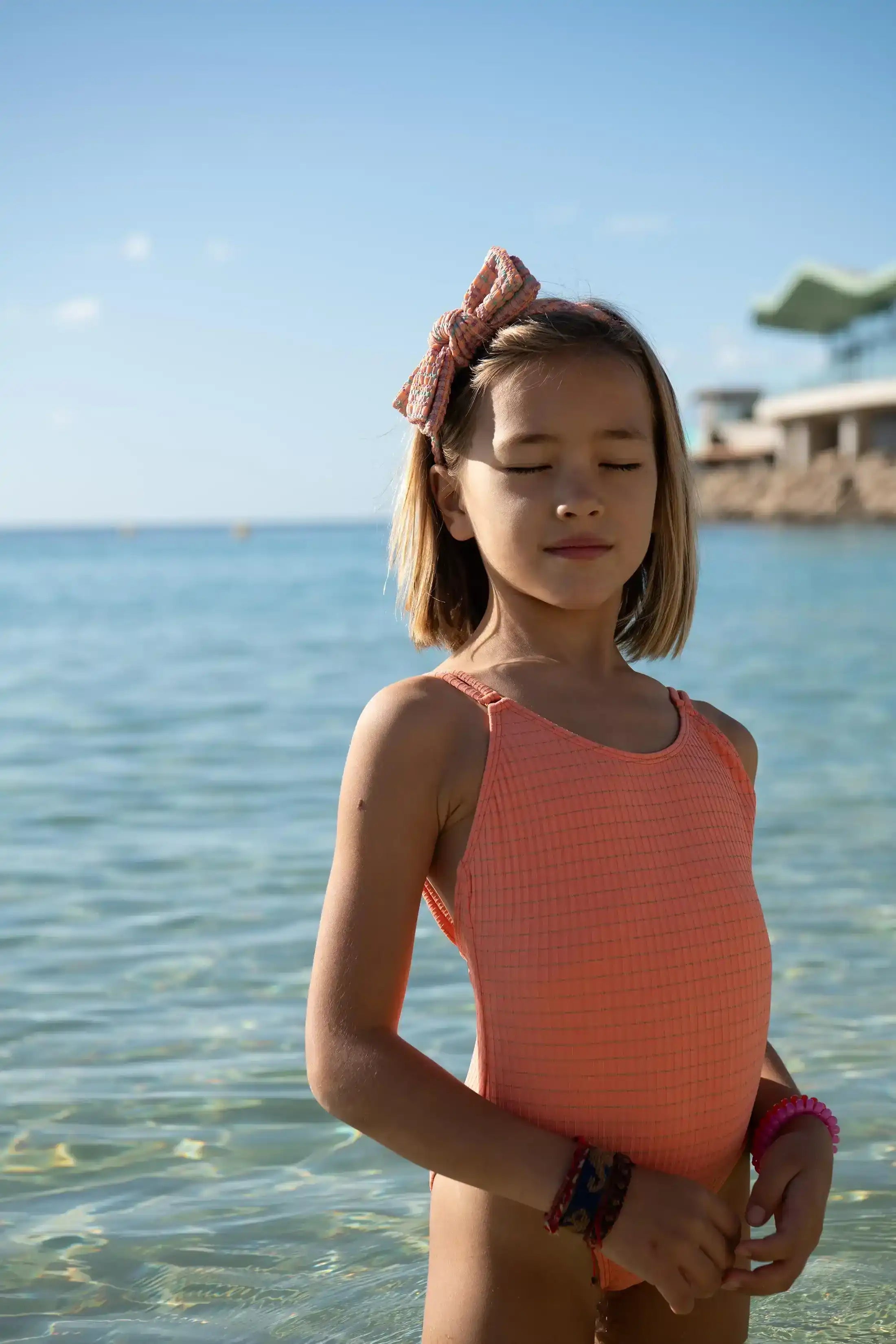 Maillot de bain une pièce fille, corail fluo | CALYPSO 1P