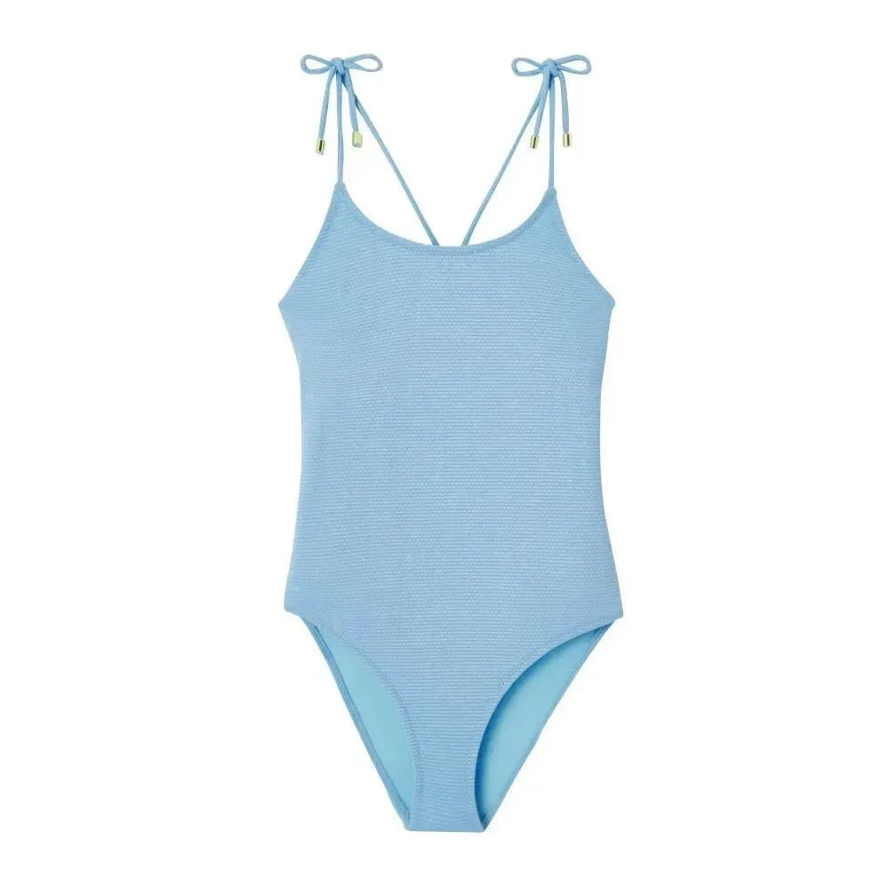 Maillot de bain une pièce fille, piqué bleu ciel/or | BAHAMAS 1P - Lison Paris