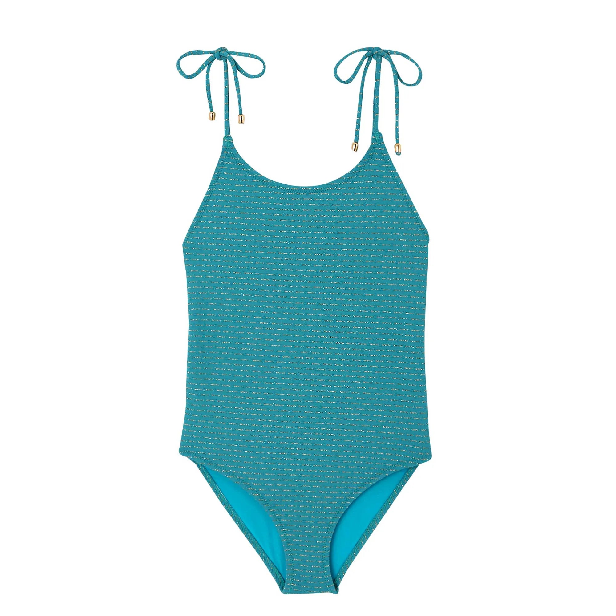 Maillot de bain une pièce fille, piqué émeraude/or | BAHAMAS 1P - Lison Paris
