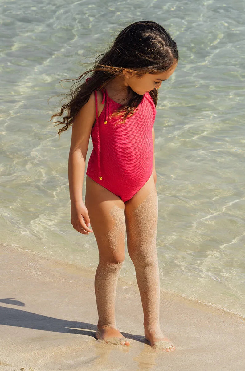 Maillot de bain une pièce fille, piqué framboise / or | BAHAMAS 1P - Lison Paris
