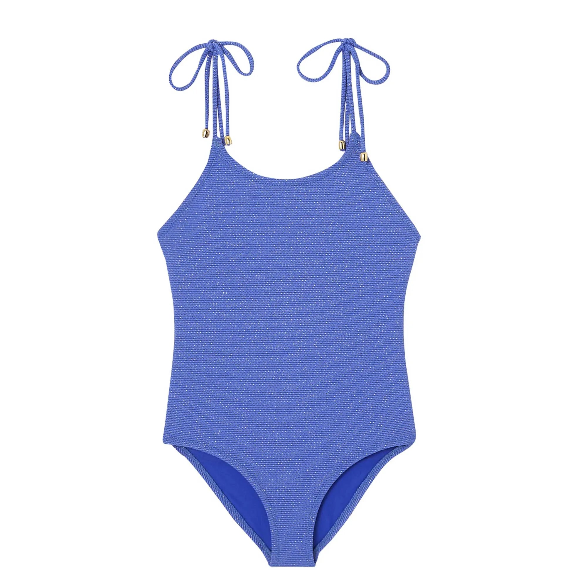 Maillot de bain une pièce fille, piqué porcelaine/or | BAHAMAS 1P - Lison Paris