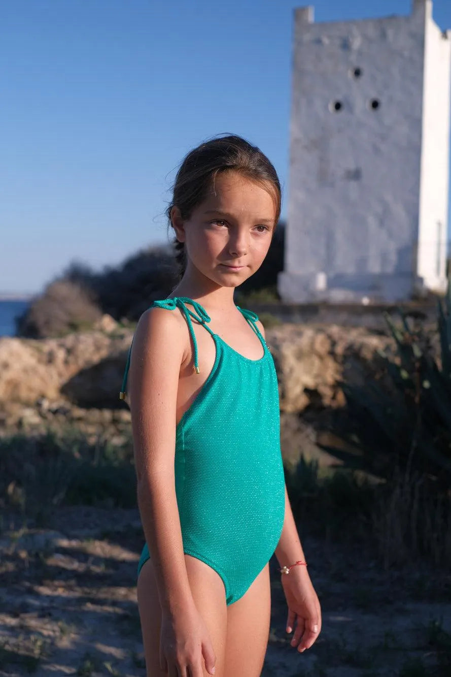 Maillot de bain une pièce fille, piqué vert | BAHAMAS 1P - Lison Paris
