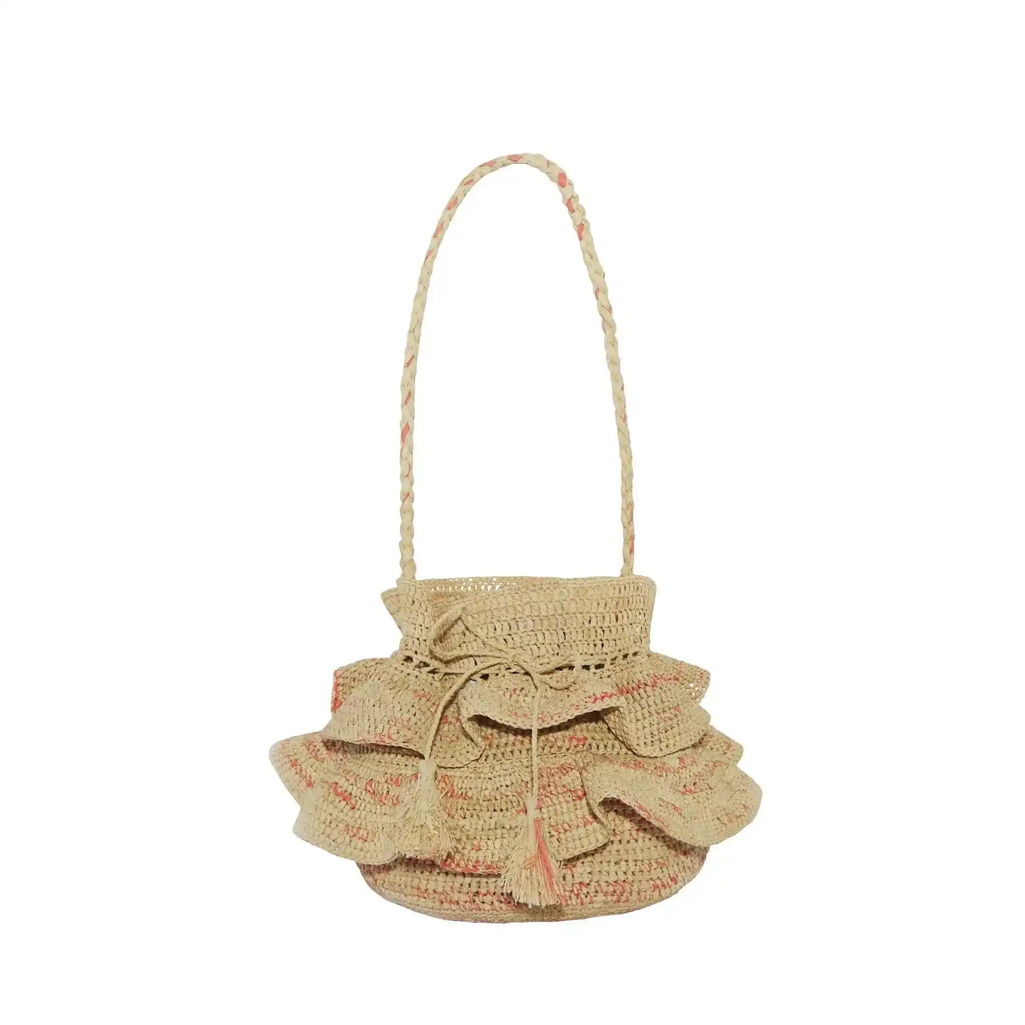 Raffia ruffled handbag with drawstring and braided handle, beach style accessory