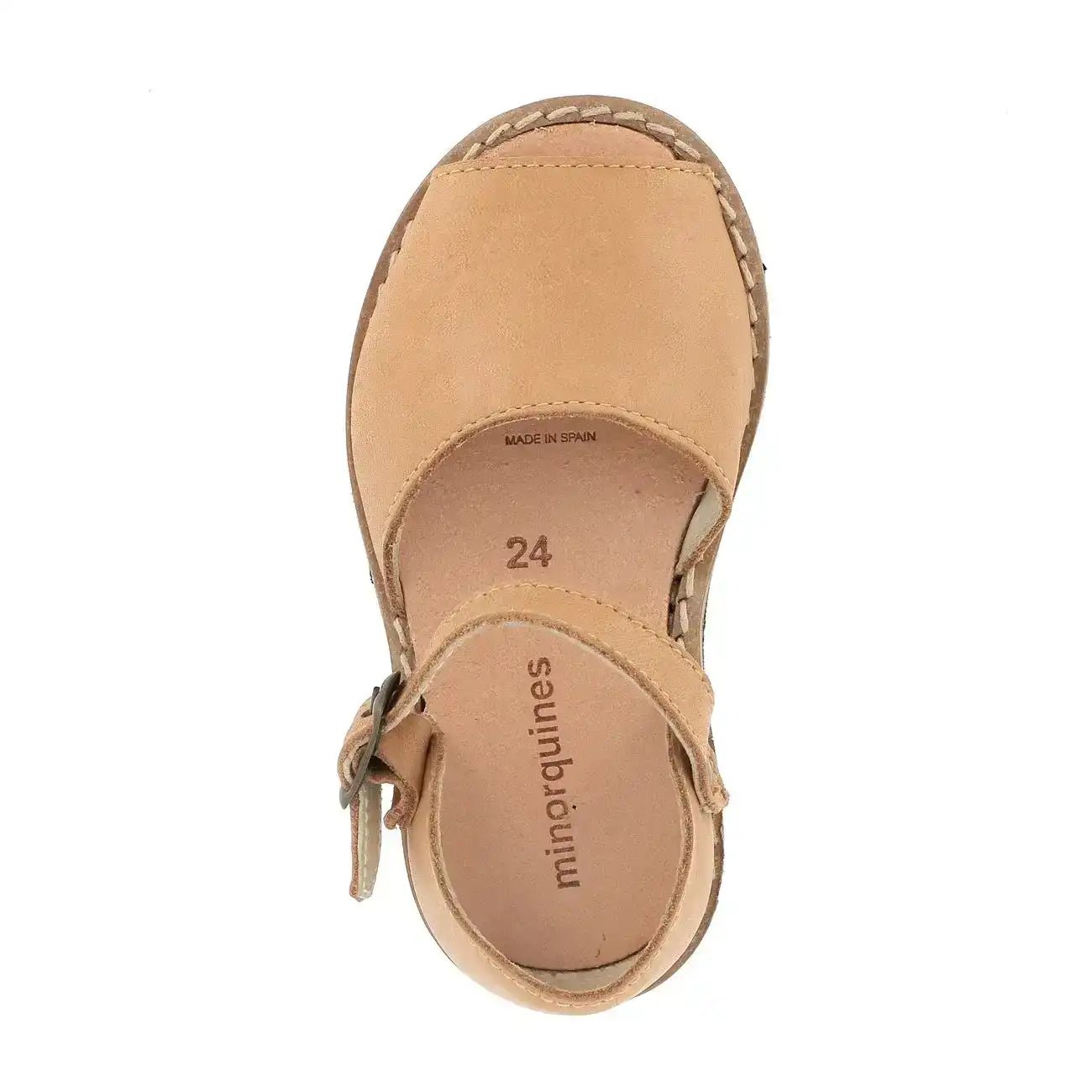 Natural leather kids sandal with buckle, closed toe, size 24, top view