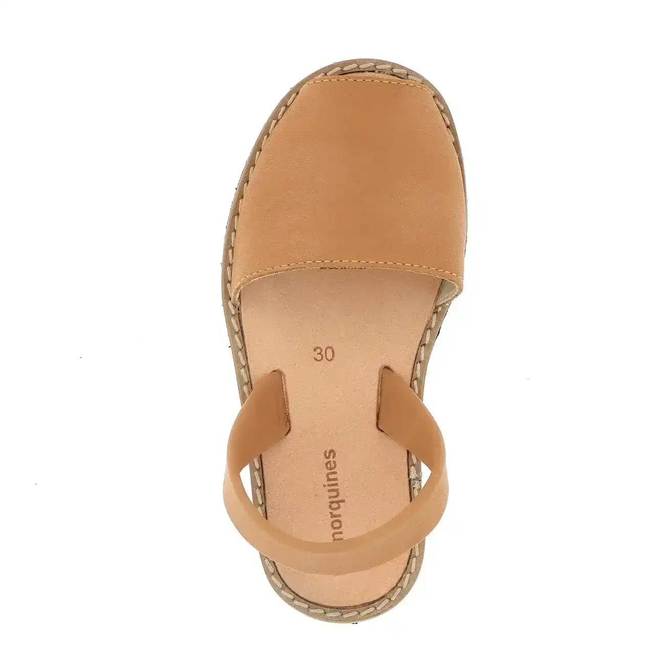 Camel leather avarca sandal with back strap, visible stitching, kids size 30, top view